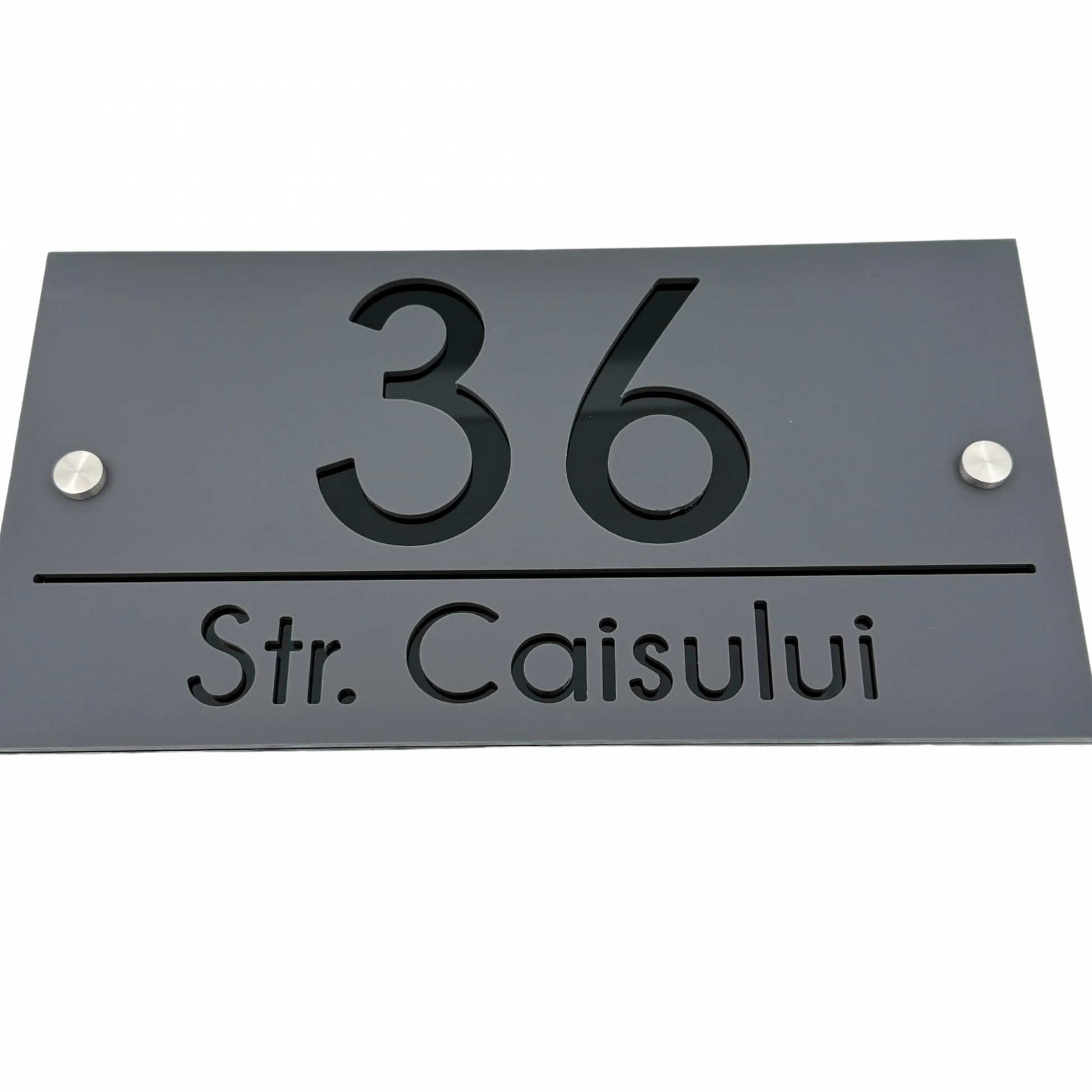 PREMIUM HOUSE NUMBER - Satin Grey Glossy Black 2 Spacers Silver - 28×15 cm