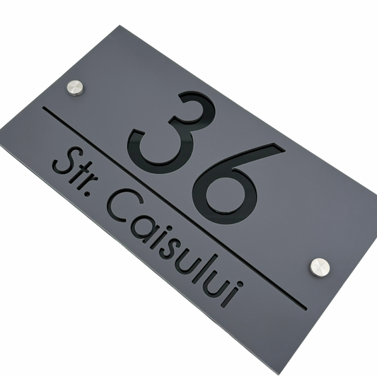 PREMIUM HOUSE NUMBER - Satin Grey Glossy Black 2 Spacers Silver - 28×15 cm