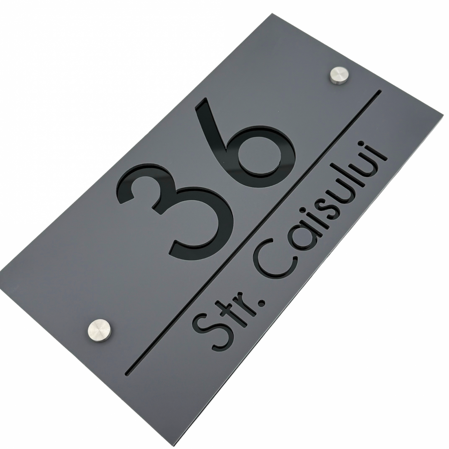PREMIUM HOUSE NUMBER - Satin Grey Glossy Black 2 Spacers Silver - 28×15 cm
