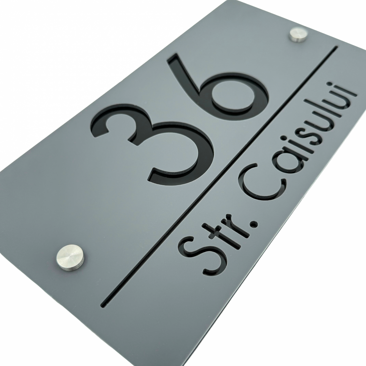 PREMIUM HOUSE NUMBER - Satin Grey Glossy Black 2 Spacers Silver - 28×15 cm