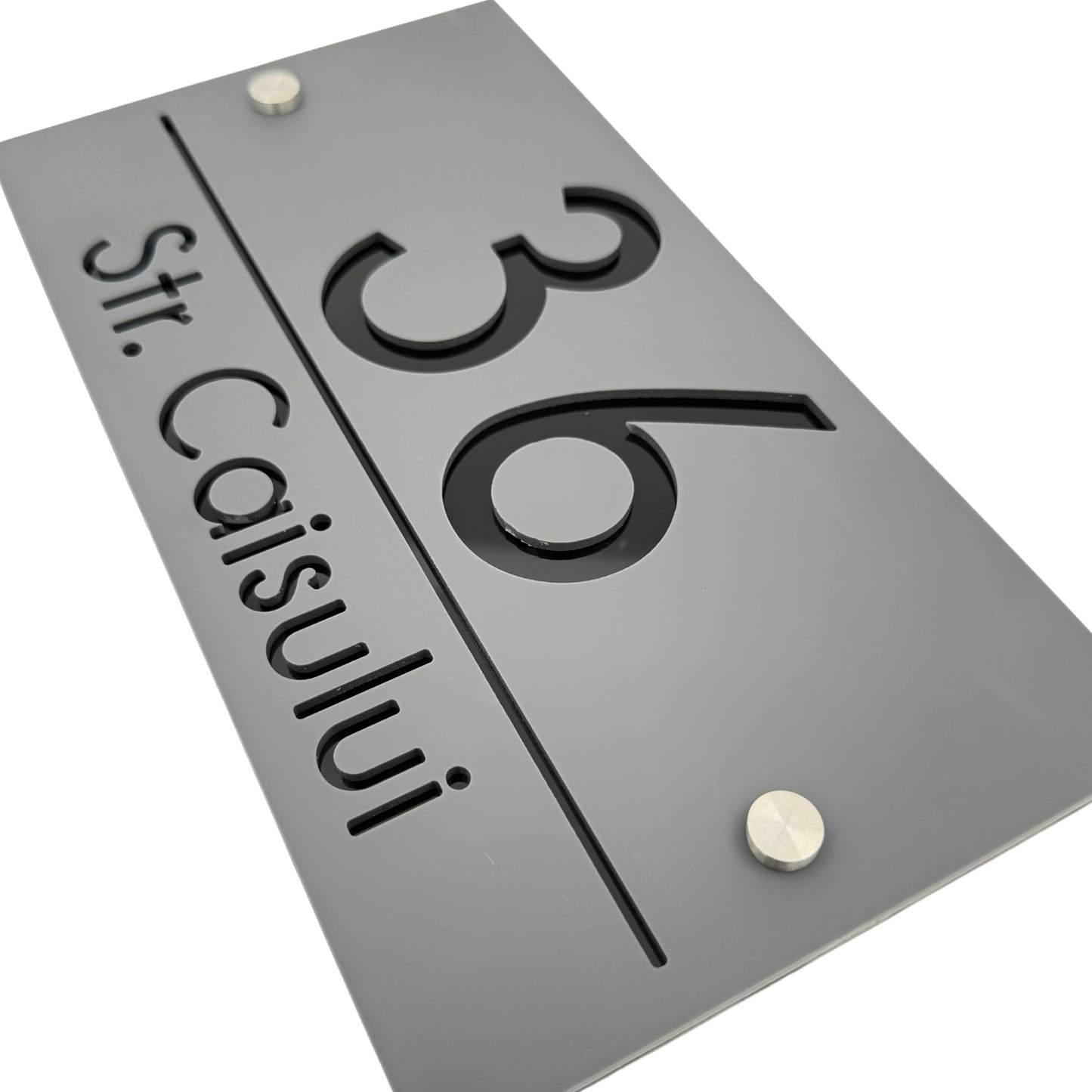 PREMIUM HOUSE NUMBER - Satin Grey Glossy Black 2 Spacers Silver - 28×15 cm