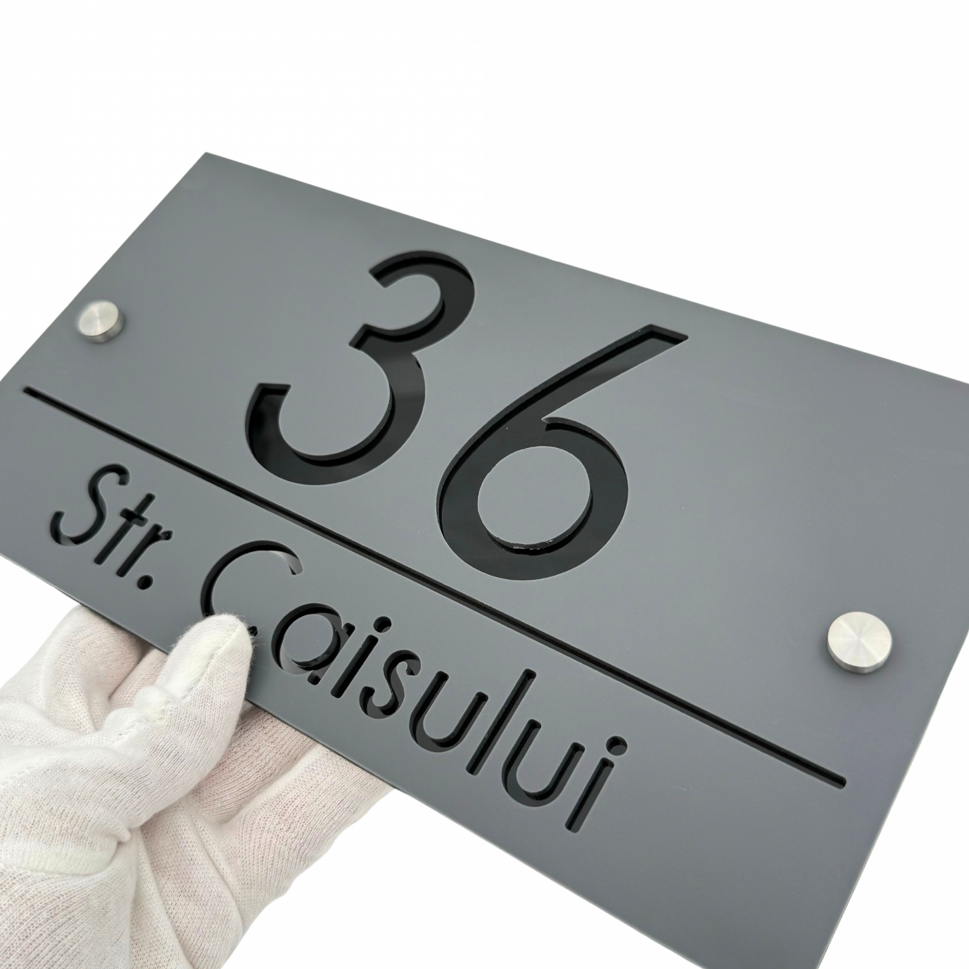 PREMIUM HOUSE NUMBER - Satin Grey Glossy Black 2 Spacers Silver - 28×15 cm