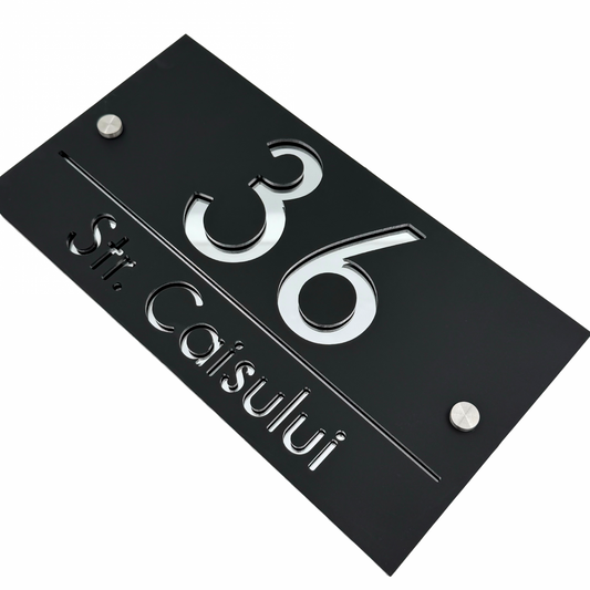PREMIUM HOUSE NUMBER - Satin Black Silver Mirror 2 Spacers Silver - 28×15 cm