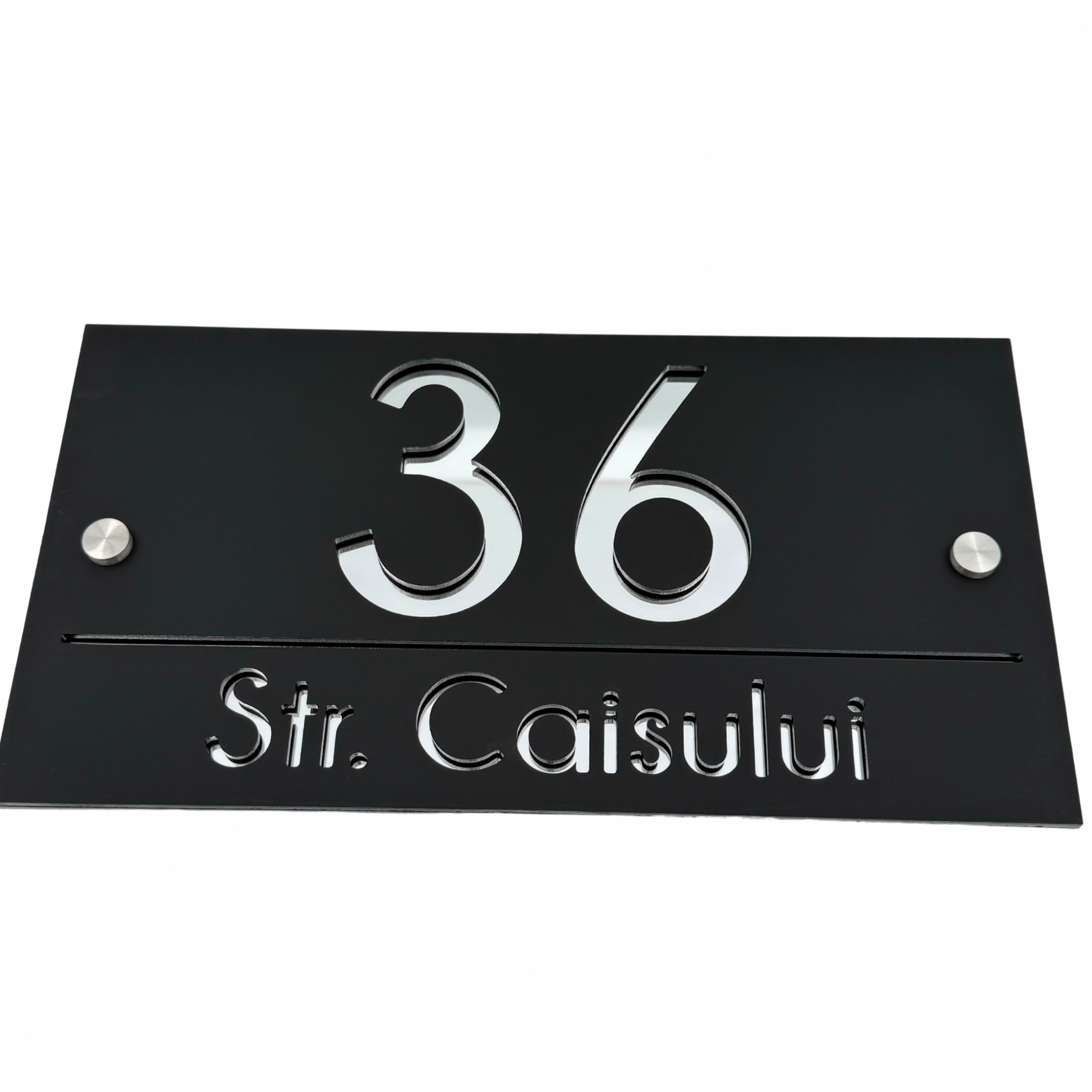 PREMIUM HOUSE NUMBER - Satin Black Silver Mirror 2 Spacers Silver - 28×15 cm