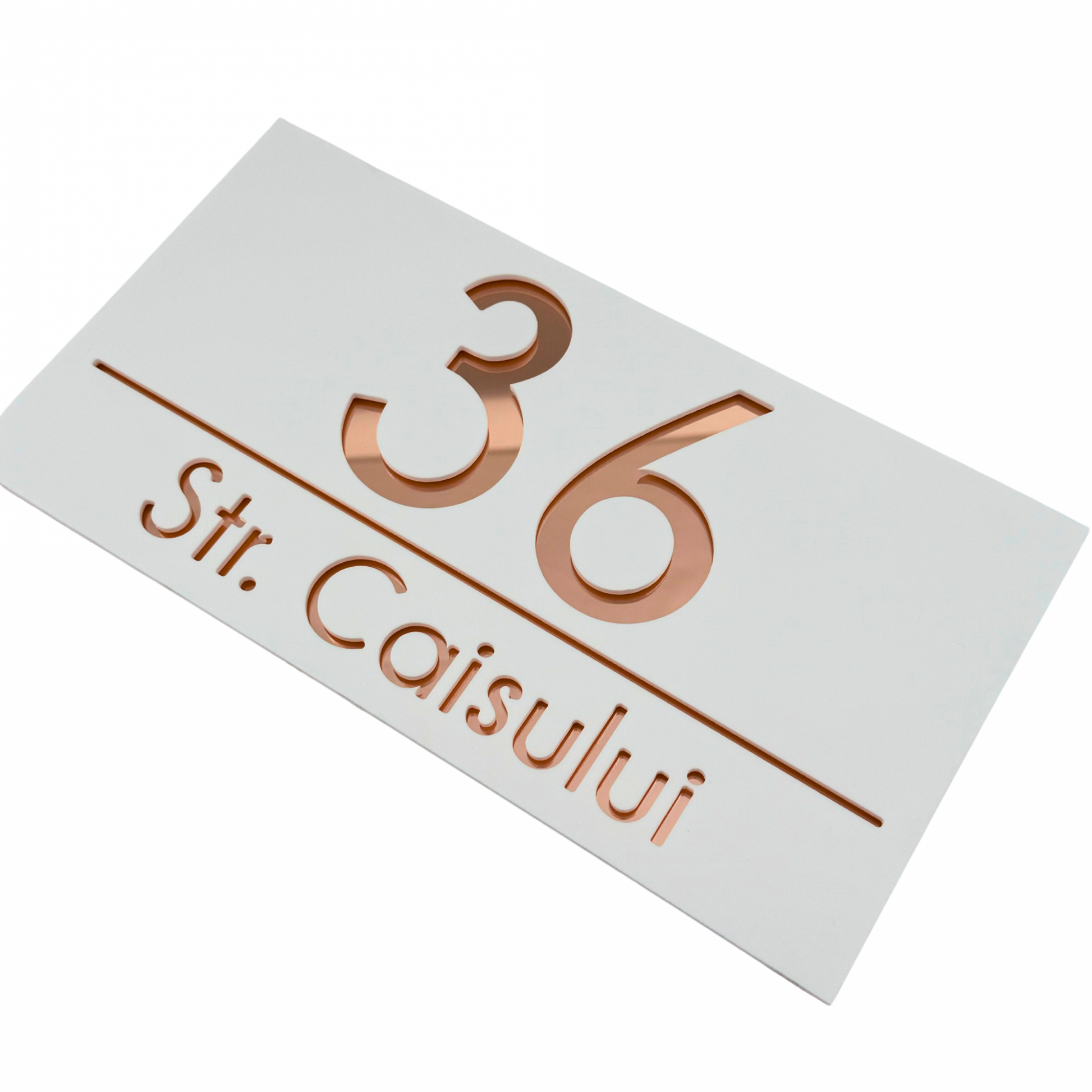 PREMIUM HOUSE NUMBER - White Satin Rose Gold Mirror - 28×15 cm