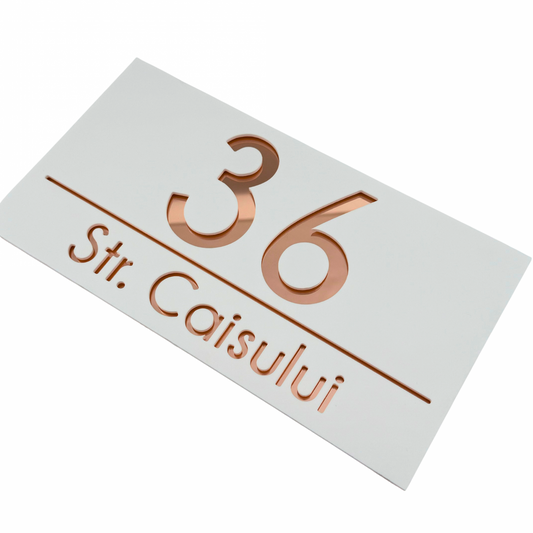 PREMIUM HOUSE NUMBER - White Satin Rose Gold Mirror - 28×15 cm