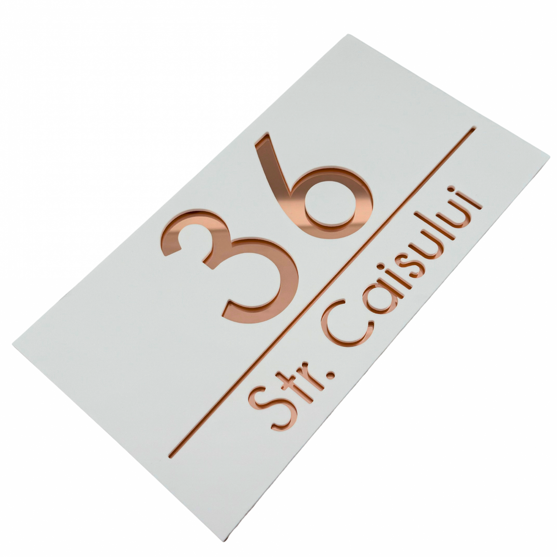 PREMIUM HOUSE NUMBER - White Satin Rose Gold Mirror - 28×15 cm