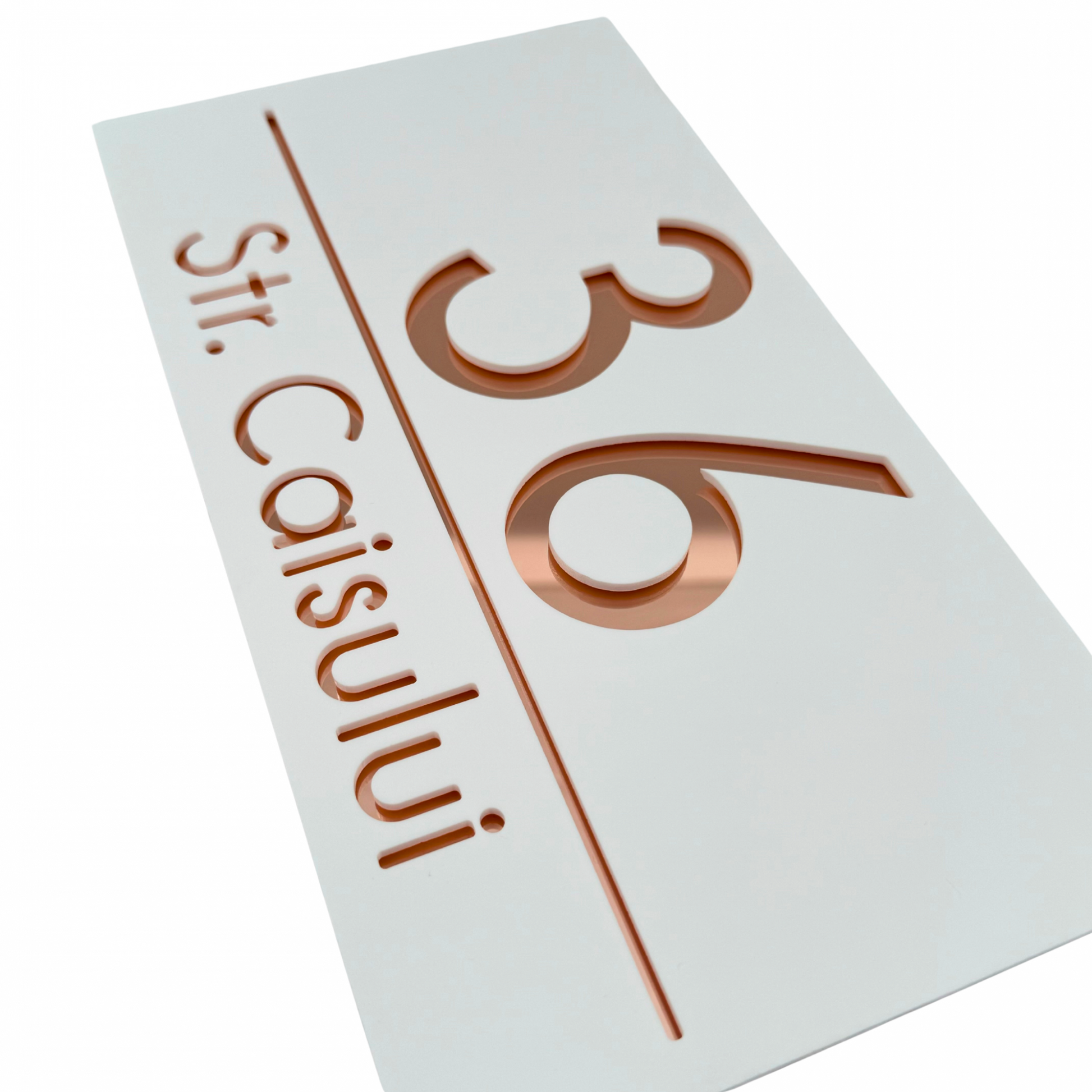 PREMIUM HOUSE NUMBER - White Satin Rose Gold Mirror - 28×15 cm