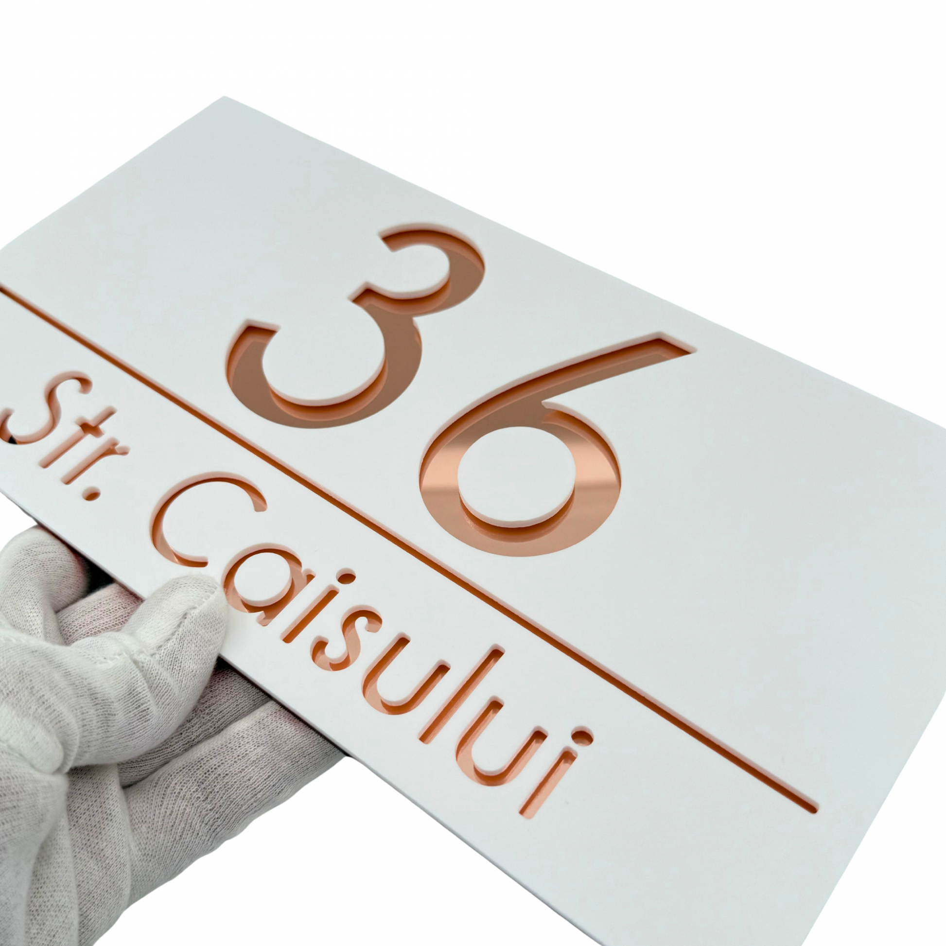 PREMIUM HOUSE NUMBER - White Satin Rose Gold Mirror - 28×15 cm
