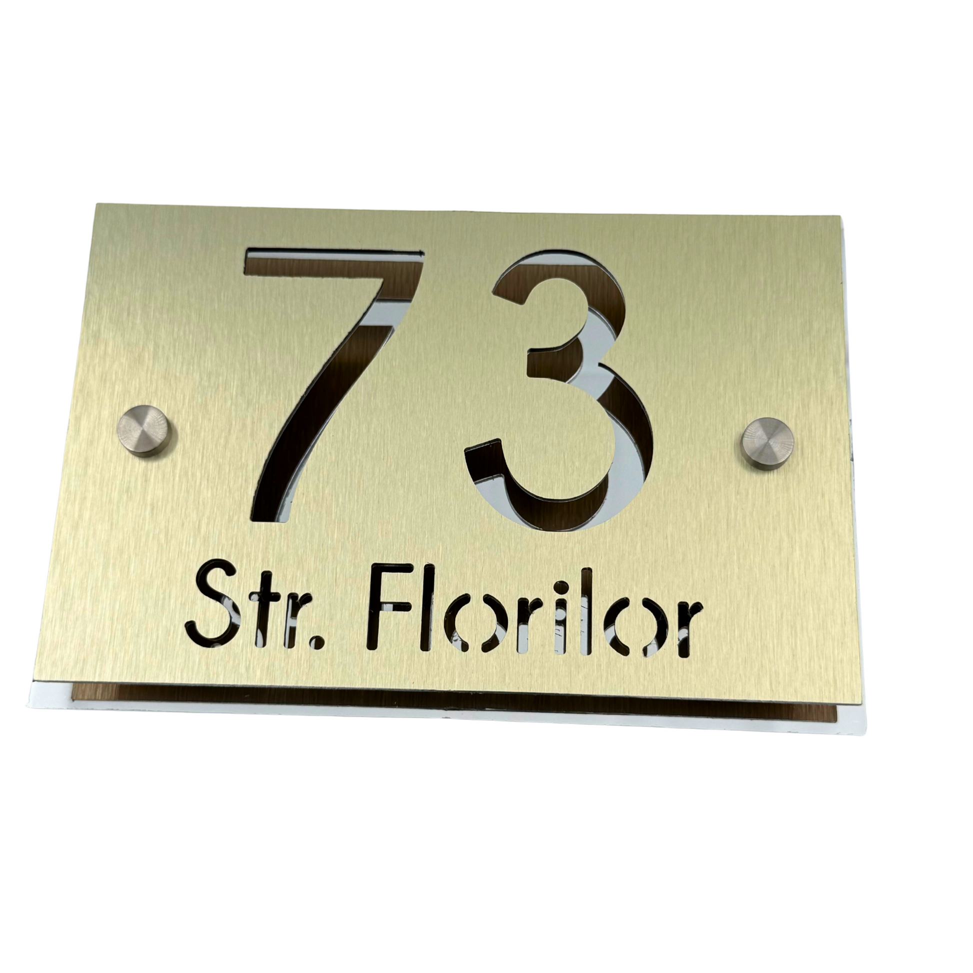 PREMIUM HOUSE NUMBER - Aluminium Pearly Gold Aluminium Silver Mirror 2 Spacers Silver - 20×13 cm
