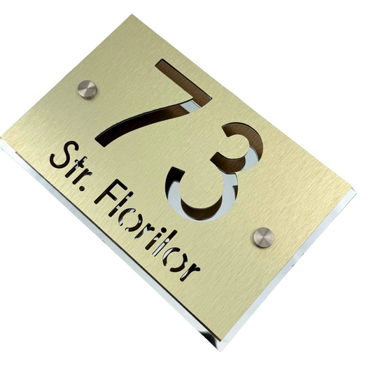 PREMIUM HOUSE NUMBER - Aluminium Pearly Gold Aluminium Silver Mirror 2 Spacers Silver - 20×13 cm