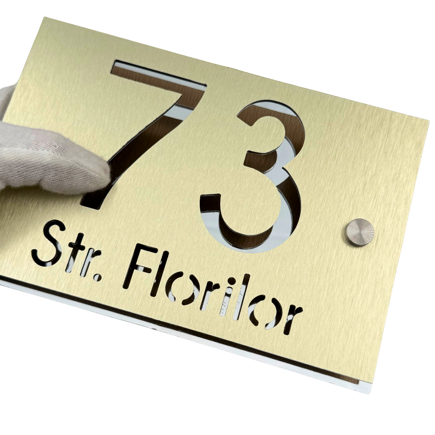 PREMIUM HOUSE NUMBER - Aluminium Pearly Gold Aluminium Silver Mirror 2 Spacers Silver - 20×13 cm