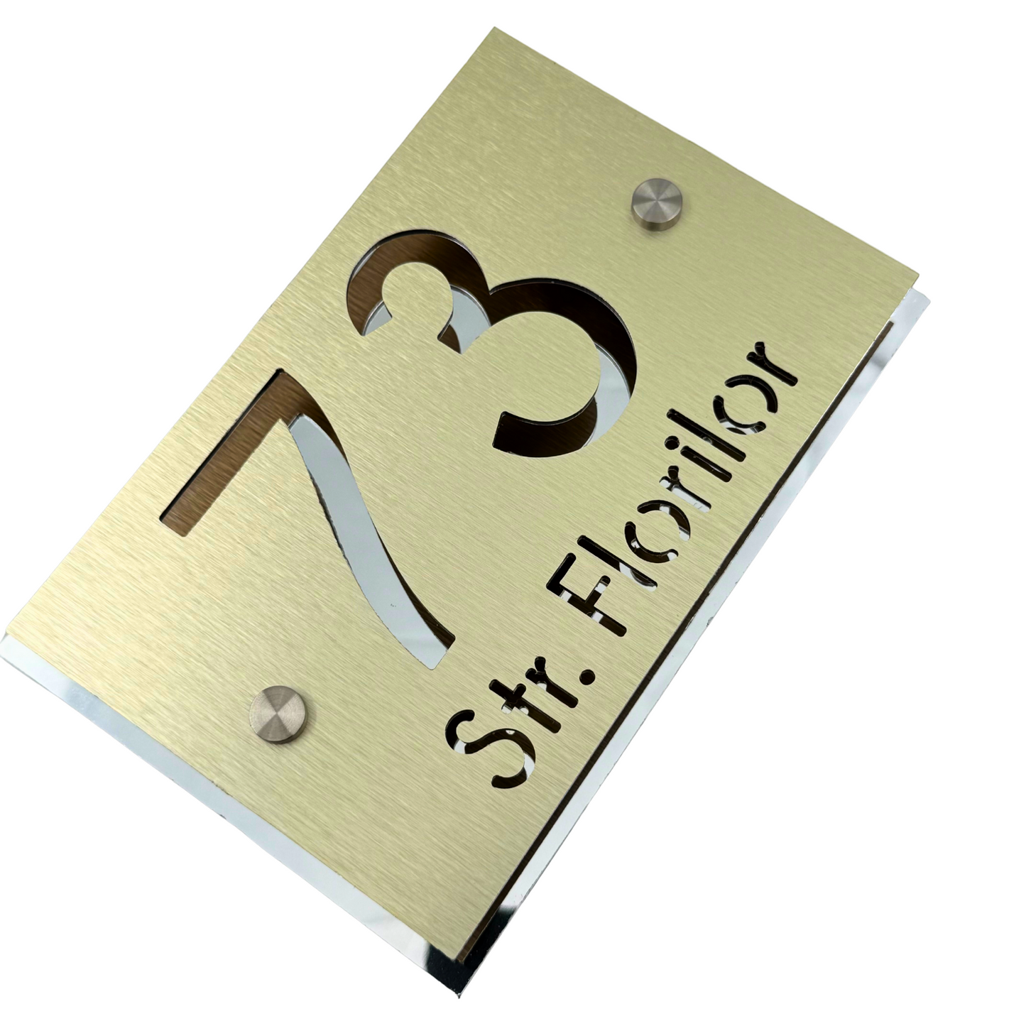 PREMIUM HOUSE NUMBER - Aluminium Pearly Gold Aluminium Silver Mirror 2 Spacers Silver - 20×13 cm