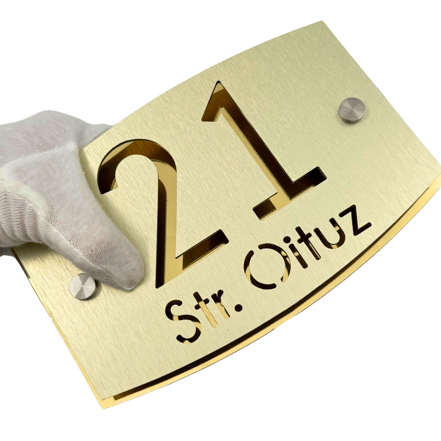 PREMIUM HOUSE NUMBER - Aluminium Pearly Gold Aluminium Gold Mirror 2 Spacers Silver - 20×13 cm