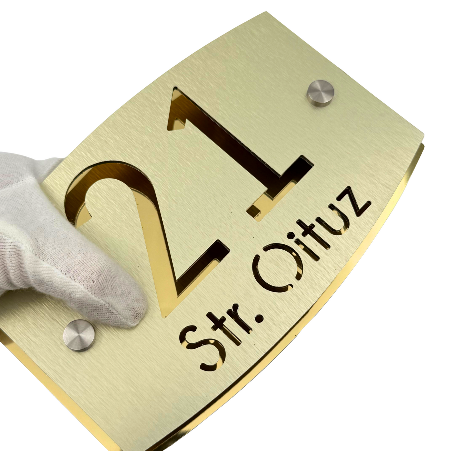 PREMIUM HOUSE NUMBER - Aluminium Pearly Gold Aluminium Gold Mirror 2 Spacers Silver - 20×13 cm