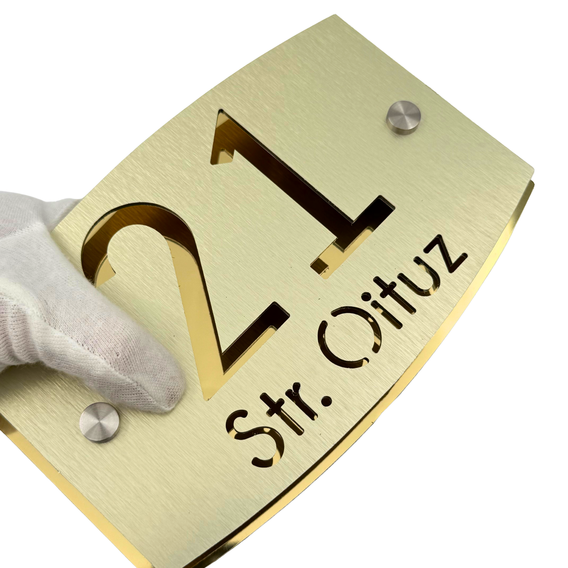 PREMIUM HOUSE NUMBER - Aluminium Pearly Gold Aluminium Gold Mirror 2 Spacers Silver - 20×13 cm