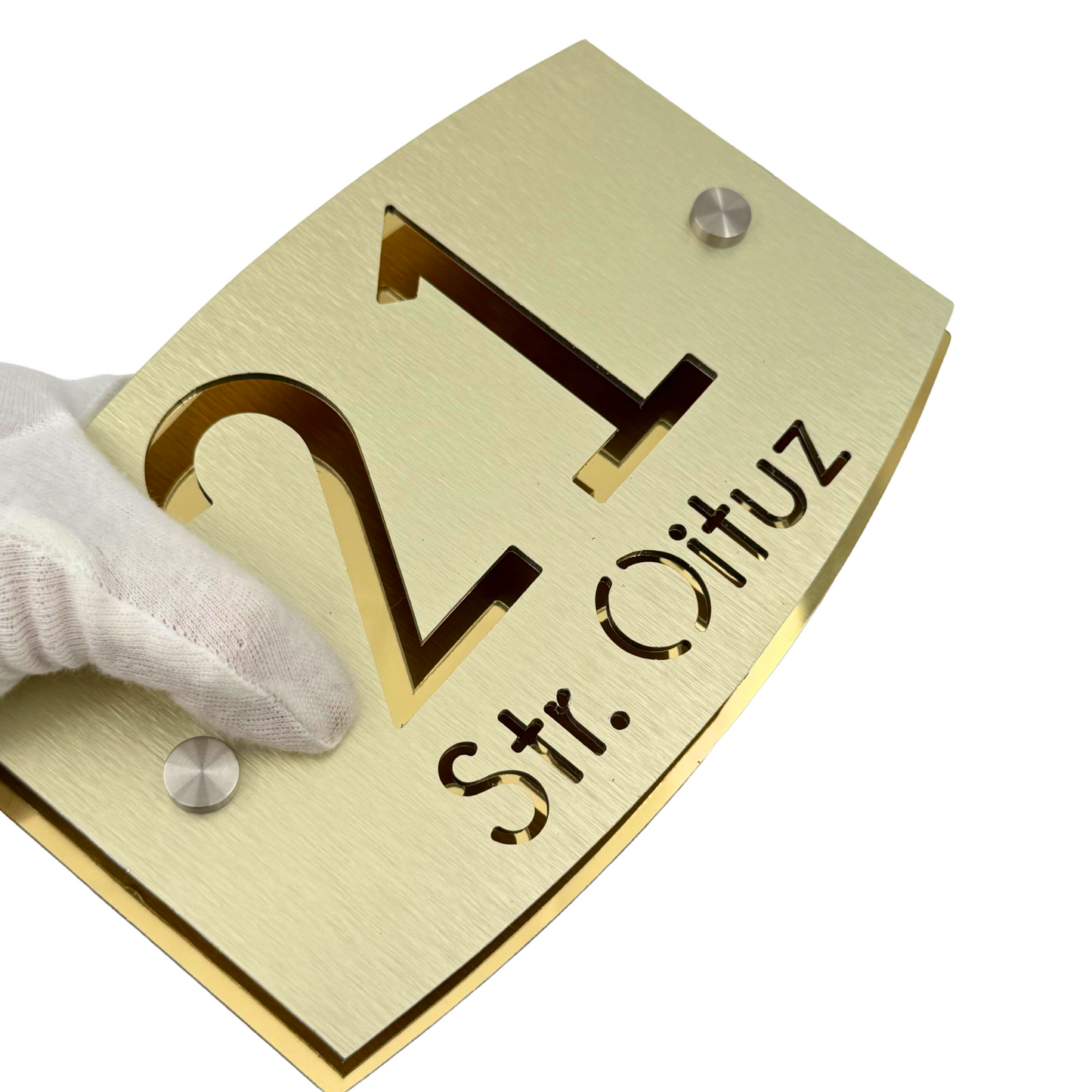 PREMIUM HOUSE NUMBER - Aluminium Pearly Gold Aluminium Gold Mirror 2 Spacers Silver - 20×13 cm