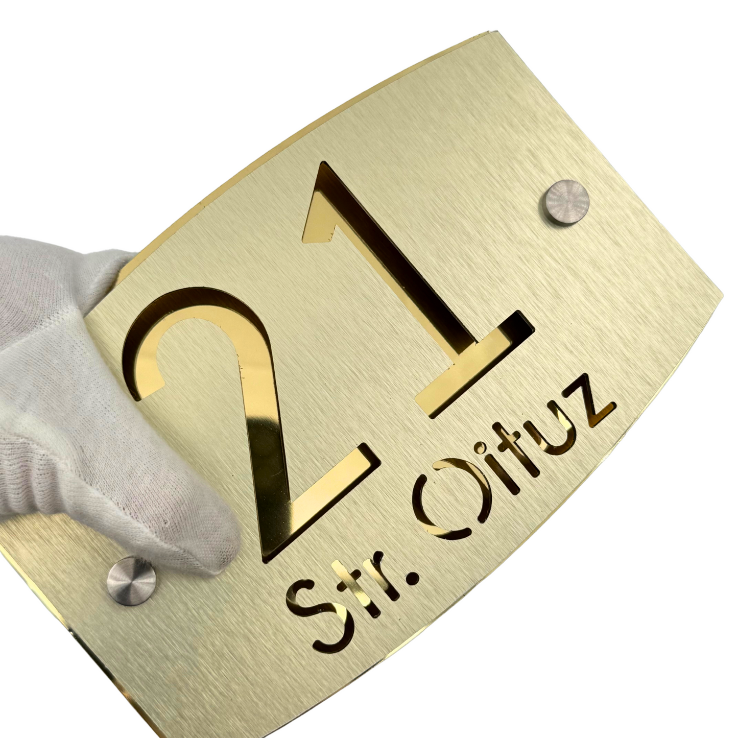 PREMIUM HOUSE NUMBER - Aluminium Pearly Gold Aluminium Gold Mirror 2 Spacers Silver - 20×13 cm