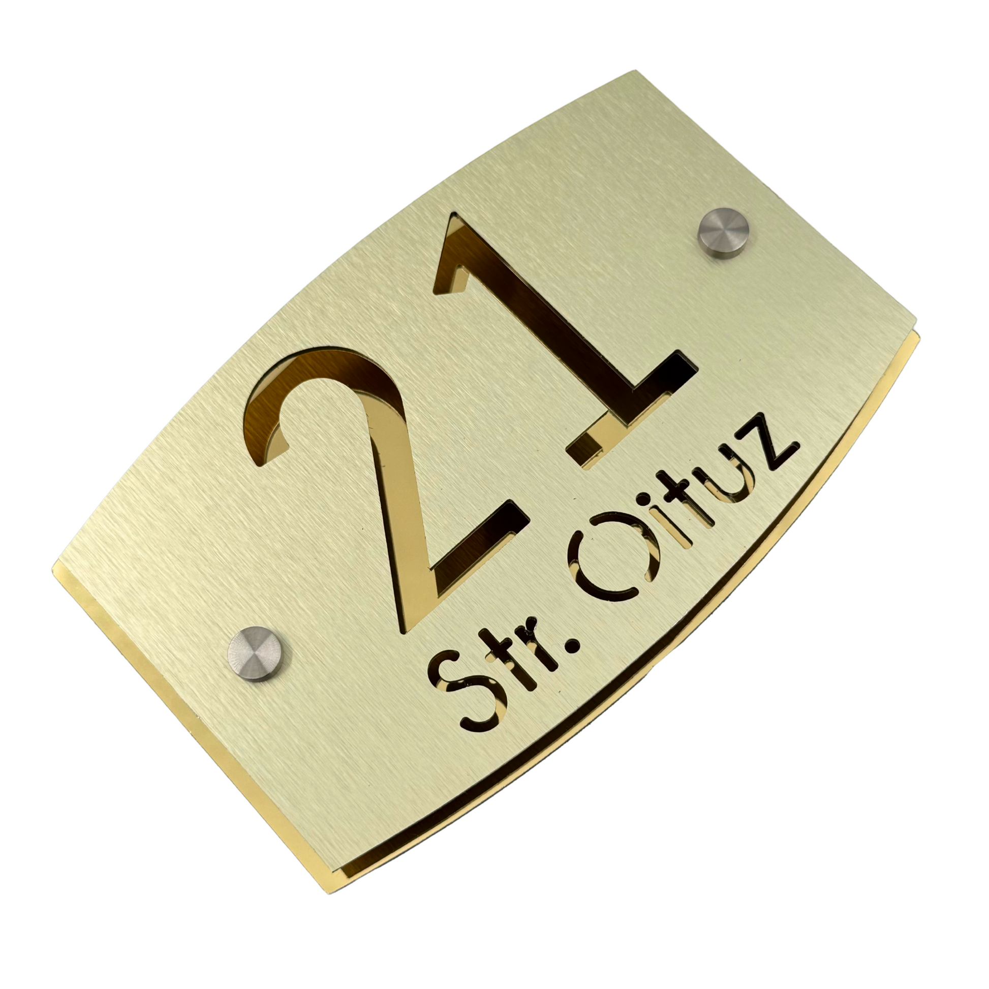 PREMIUM HOUSE NUMBER - Aluminium Pearly Gold Aluminium Gold Mirror 2 Spacers Silver - 20×13 cm