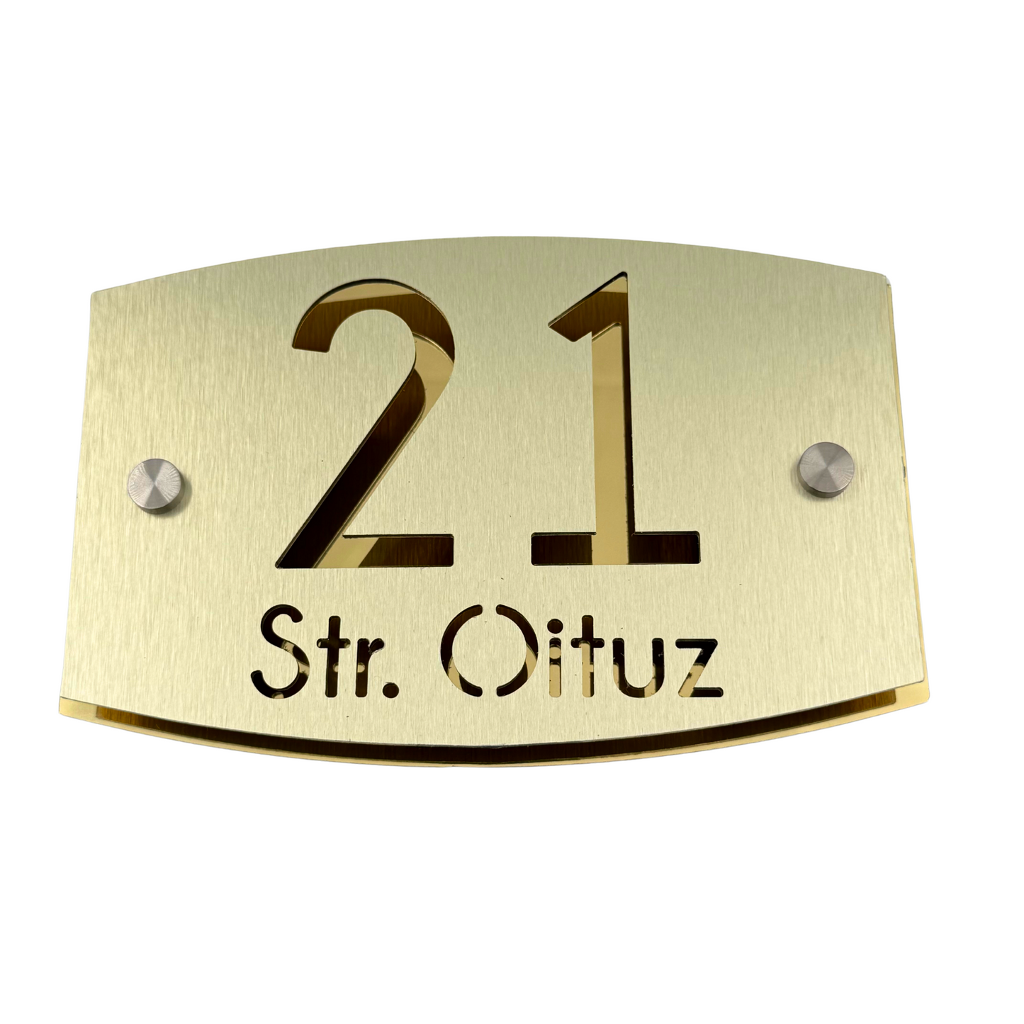 PREMIUM HOUSE NUMBER - Aluminium Pearly Gold Aluminium Gold Mirror 2 Spacers Silver - 20×13 cm