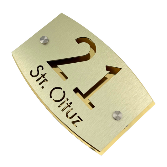 PREMIUM HOUSE NUMBER - Aluminium Pearly Gold Aluminium Gold Mirror 2 Spacers Silver - 20×13 cm