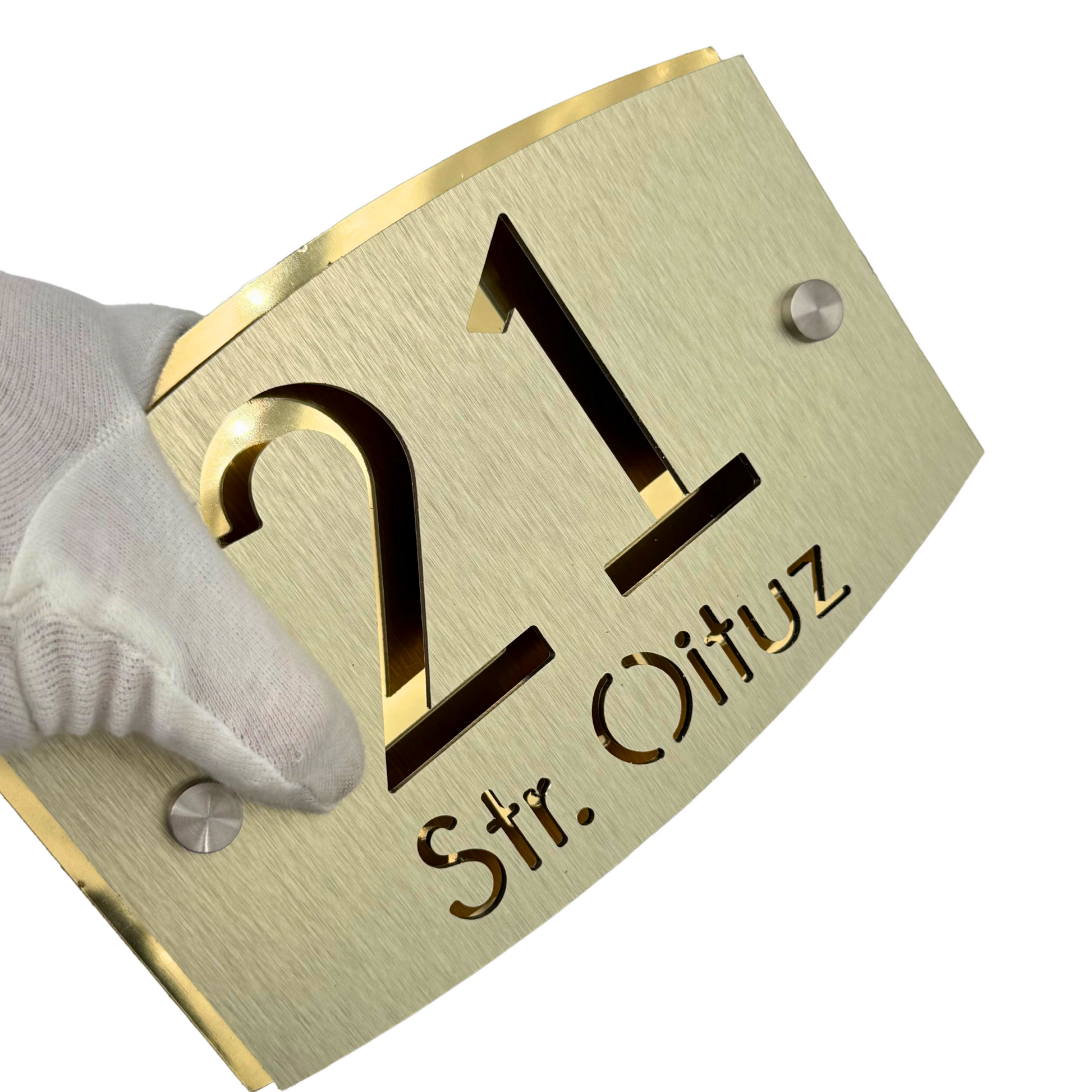PREMIUM HOUSE NUMBER - Aluminium Pearly Gold Aluminium Gold Mirror 2 Spacers Silver - 20×13 cm