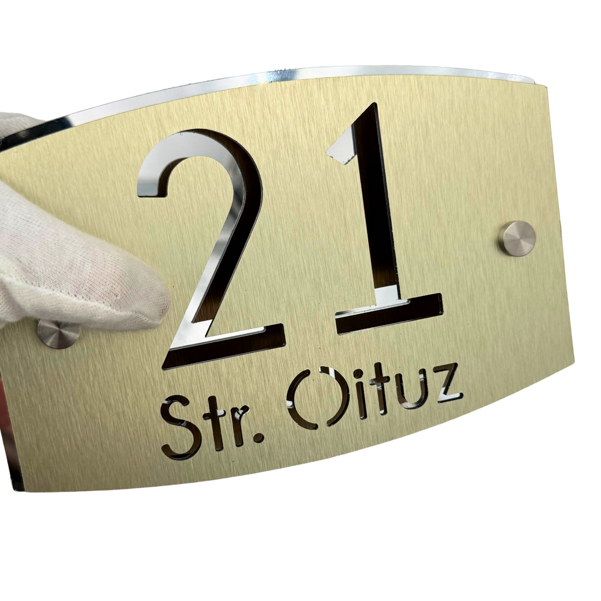 PREMIUM HOUSE NUMBER - Aluminium Pearly Gold Aluminium Silver Mirror 2 Spacers Silver - 20×13 cm