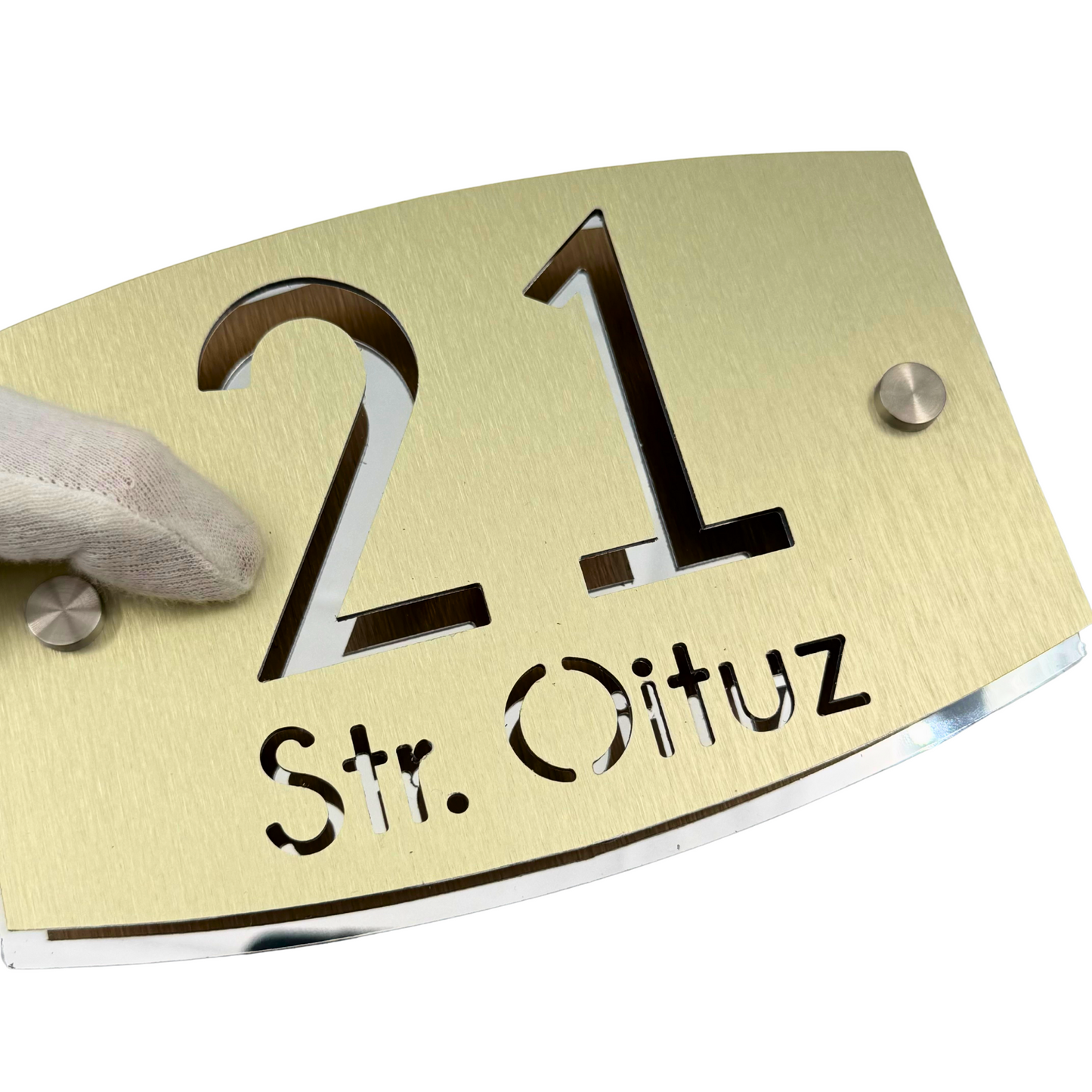 PREMIUM HOUSE NUMBER - Aluminium Pearly Gold Aluminium Silver Mirror 2 Spacers Silver - 20×13 cm