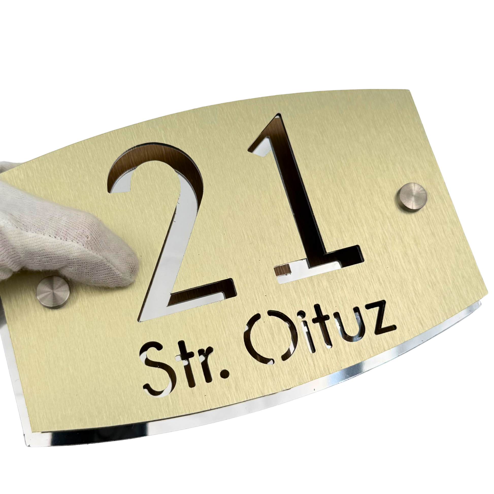 PREMIUM HOUSE NUMBER - Aluminium Pearly Gold Aluminium Silver Mirror 2 Spacers Silver - 20×13 cm