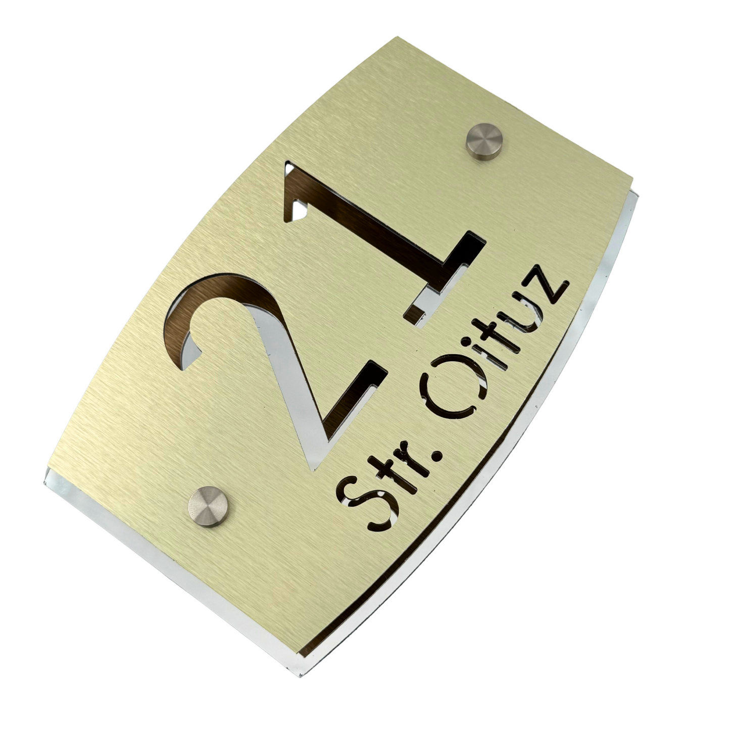 PREMIUM HOUSE NUMBER - Aluminium Pearly Gold Aluminium Silver Mirror 2 Spacers Silver - 20×13 cm