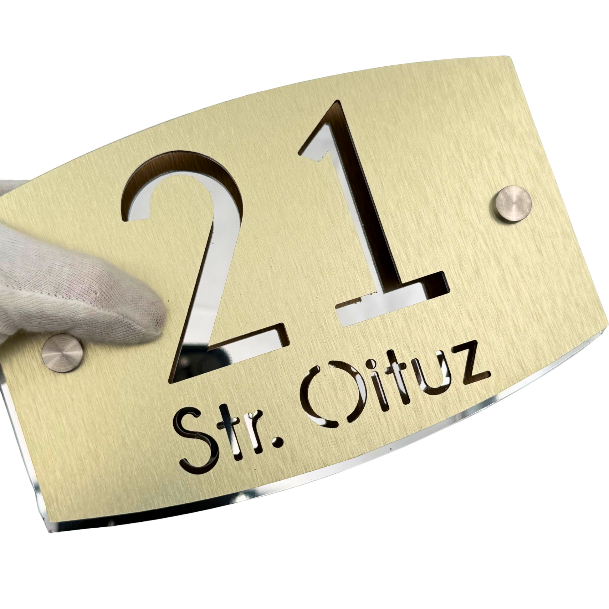 PREMIUM HOUSE NUMBER - Aluminium Pearly Gold Aluminium Silver Mirror 2 Spacers Silver - 20×13 cm