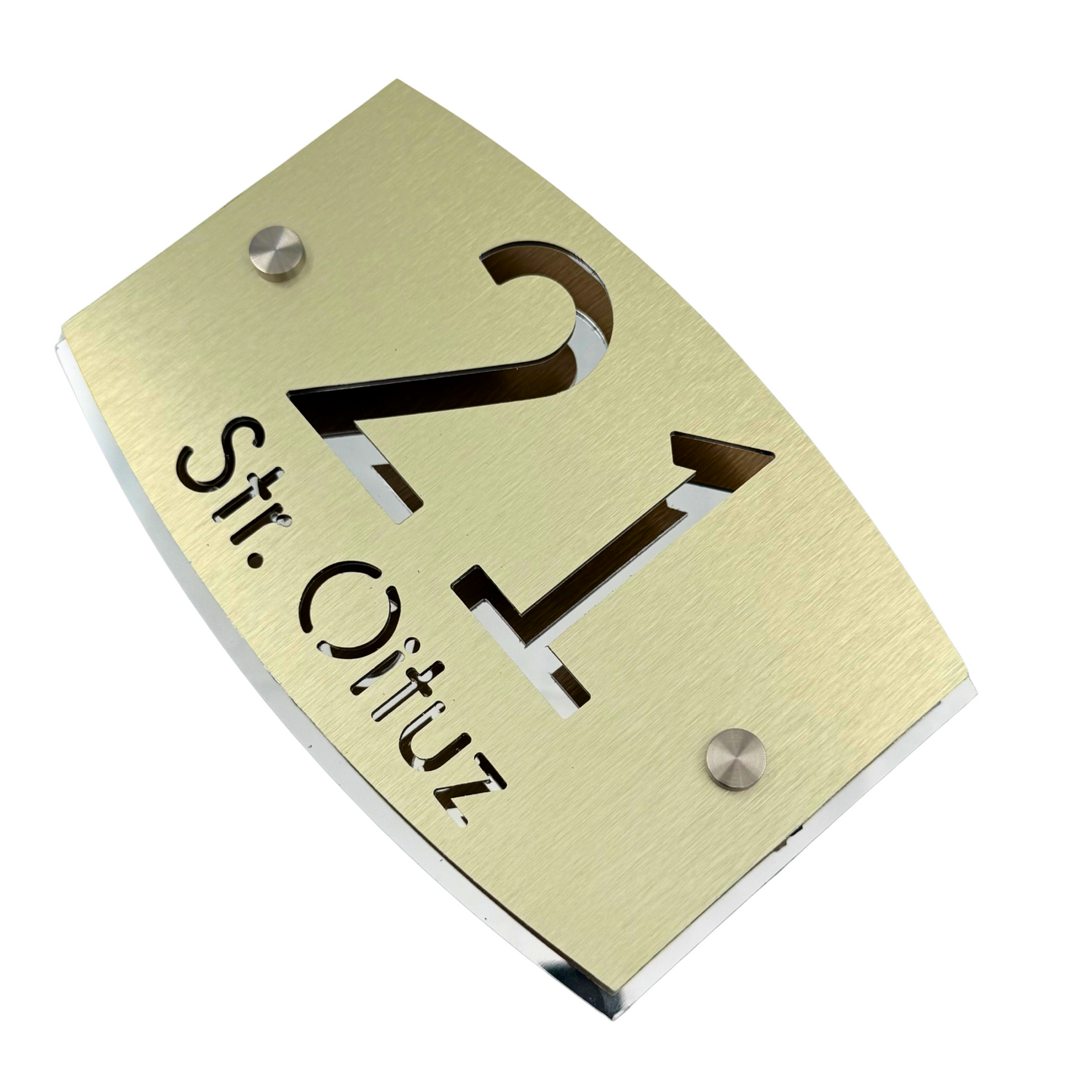 PREMIUM HOUSE NUMBER - Aluminium Pearly Gold Aluminium Silver Mirror 2 Spacers Silver - 20×13 cm