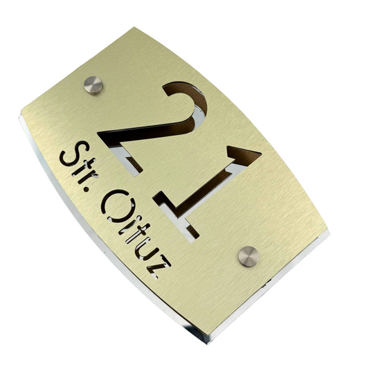PREMIUM HOUSE NUMBER - Aluminium Pearly Gold Aluminium Silver Mirror 2 Spacers Silver - 20×13 cm