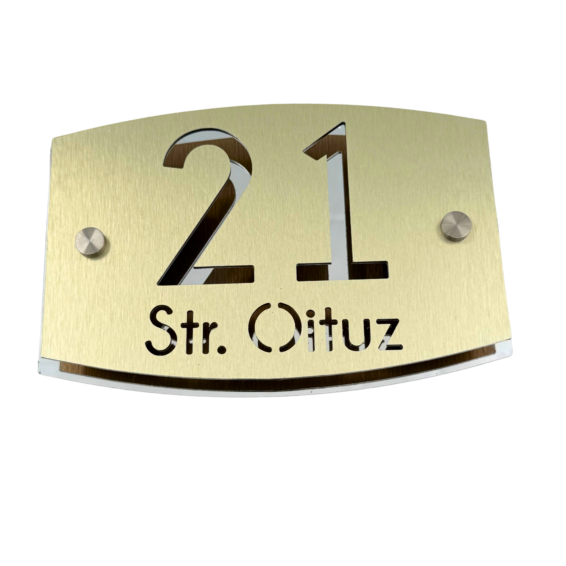 PREMIUM HOUSE NUMBER - Aluminium Pearly Gold Aluminium Silver Mirror 2 Spacers Silver - 20×13 cm