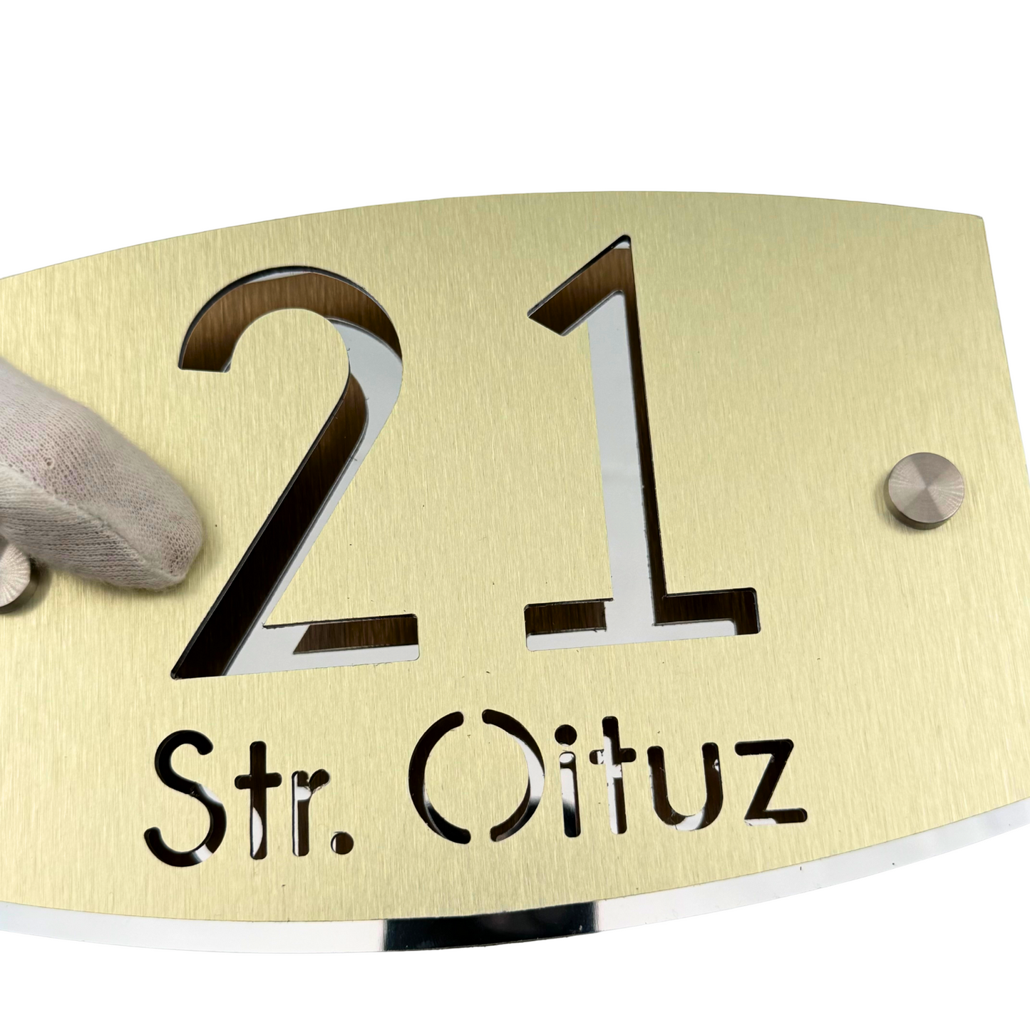 PREMIUM HOUSE NUMBER - Aluminium Pearly Gold Aluminium Silver Mirror 2 Spacers Silver - 20×13 cm