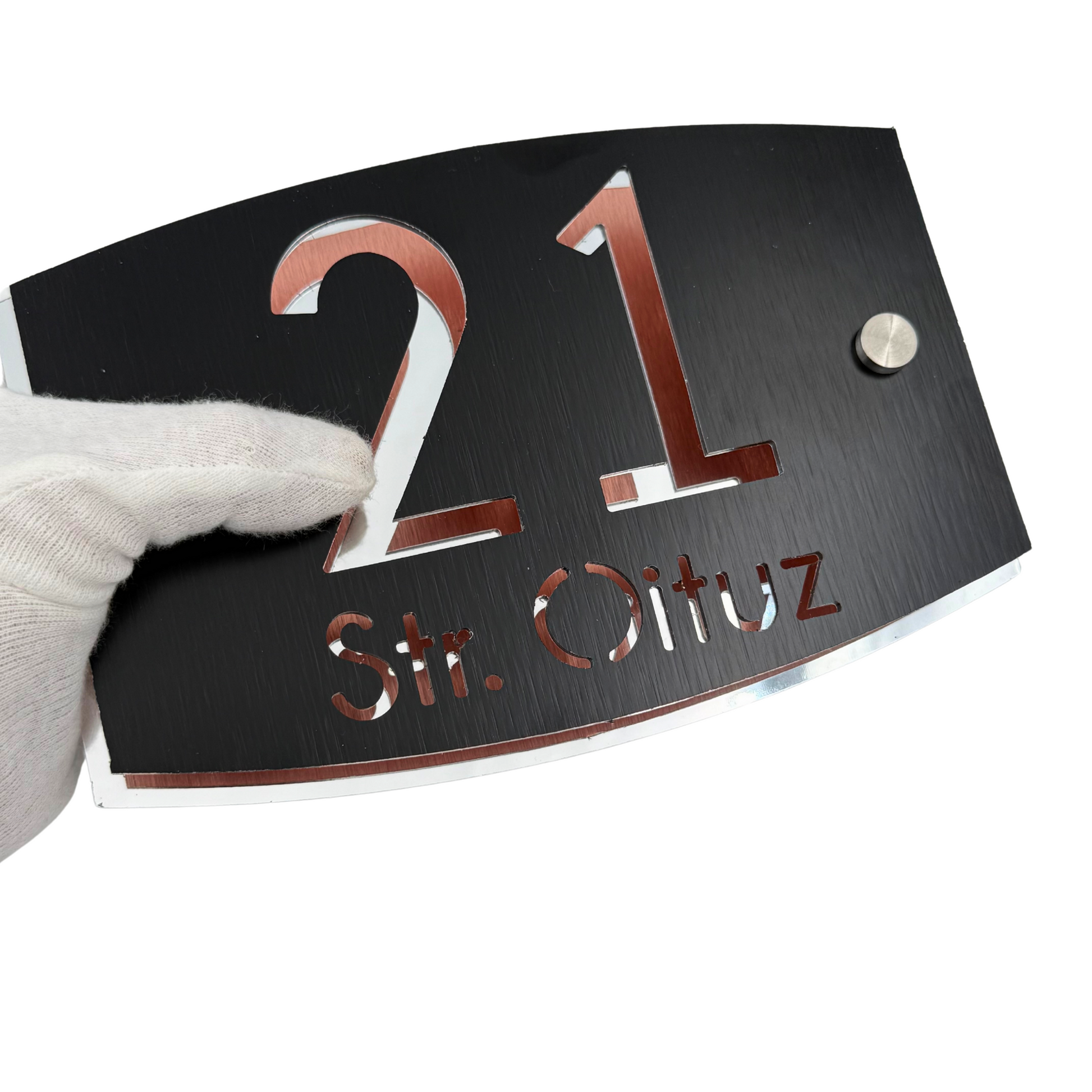 PREMIUM HOUSE NUMBER - Aluminium Pearly Black Aluminium Silver Mirror 2 Spacers Silver - 20×13 cm