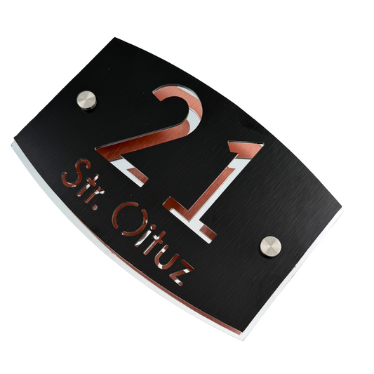 PREMIUM HOUSE NUMBER - Aluminium Pearly Black Aluminium Silver Mirror 2 Spacers Silver - 20×13 cm