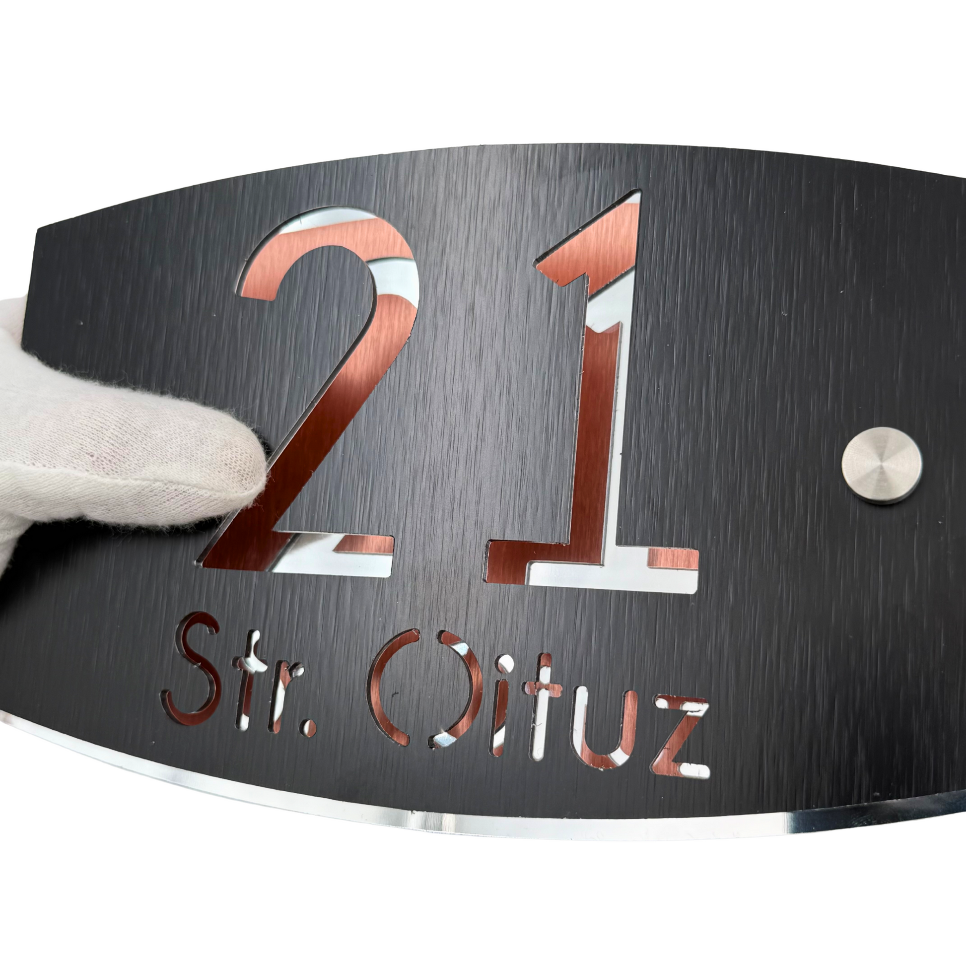 PREMIUM HOUSE NUMBER - Aluminium Pearly Black Aluminium Silver Mirror 2 Spacers Silver - 20×13 cm