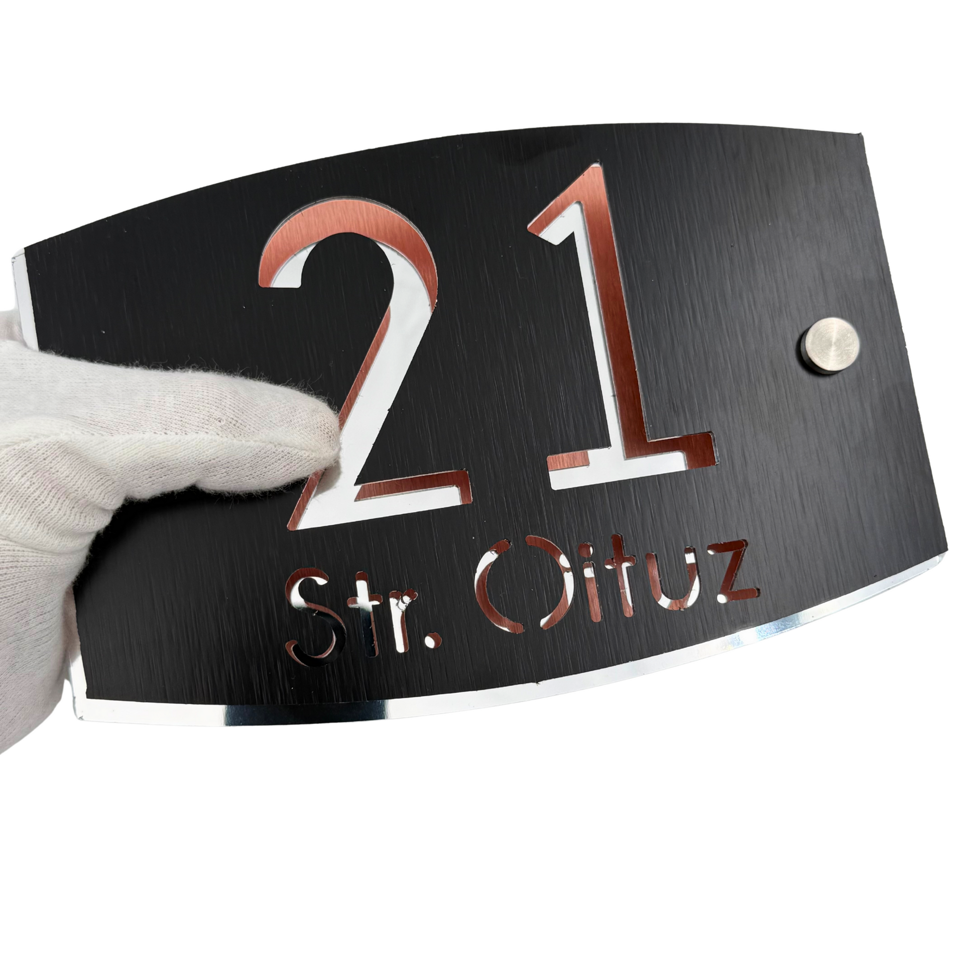 PREMIUM HOUSE NUMBER - Aluminium Pearly Black Aluminium Silver Mirror 2 Spacers Silver - 20×13 cm