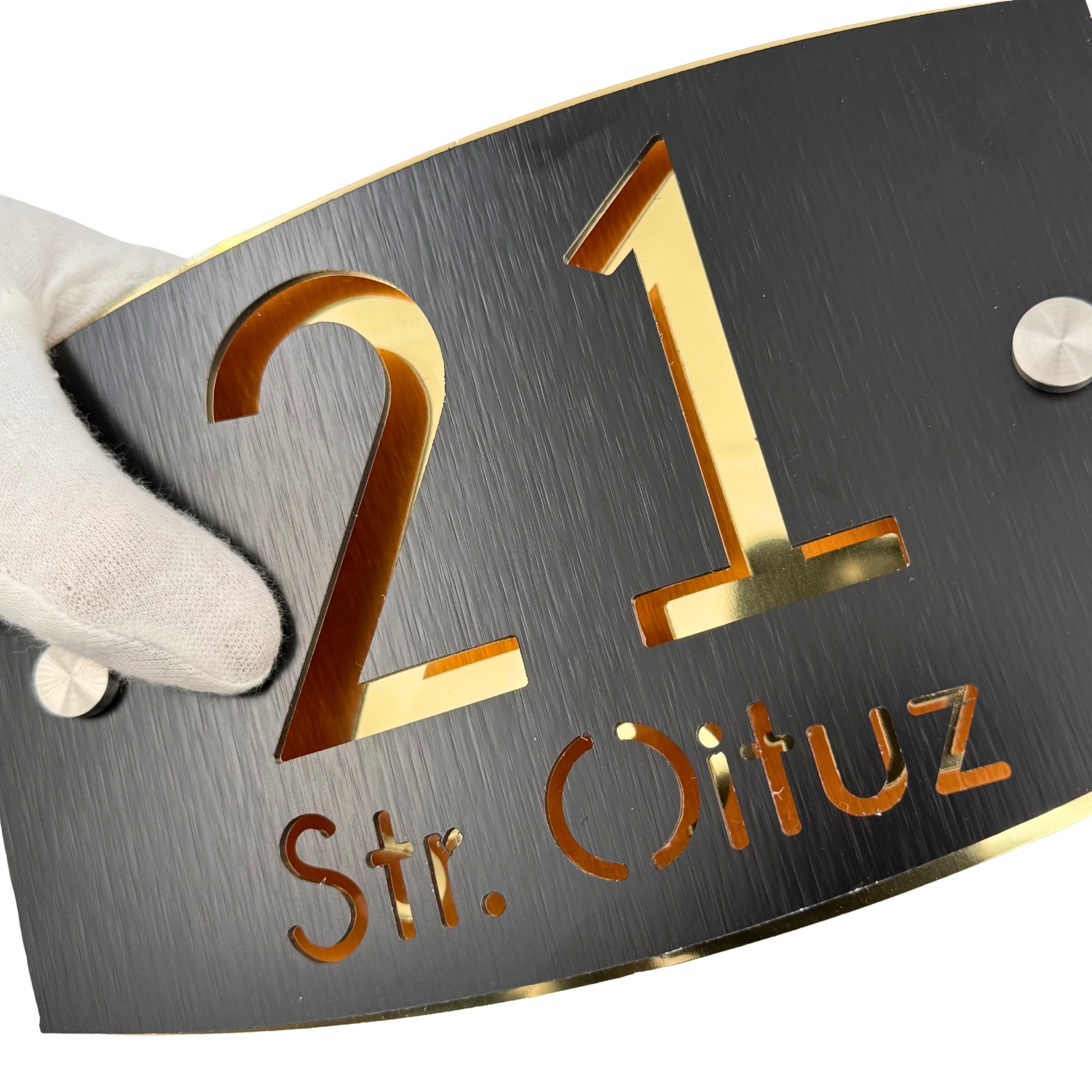PREMIUM HOUSE NUMBER - Aluminium Pearly Black Aluminium Gold Mirror 2 Spacers Silver - 20×13 cm