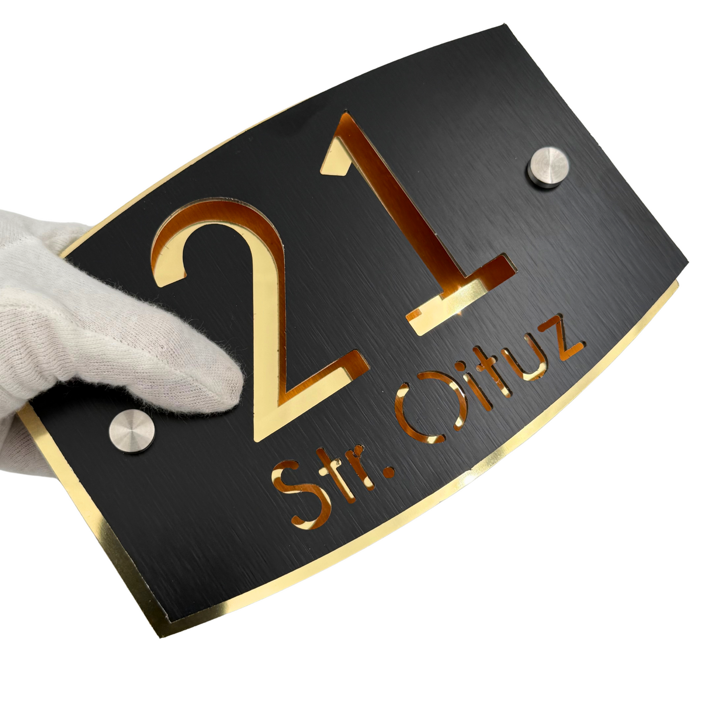 PREMIUM HOUSE NUMBER - Aluminium Pearly Black Aluminium Gold Mirror 2 Spacers Silver - 20×13 cm