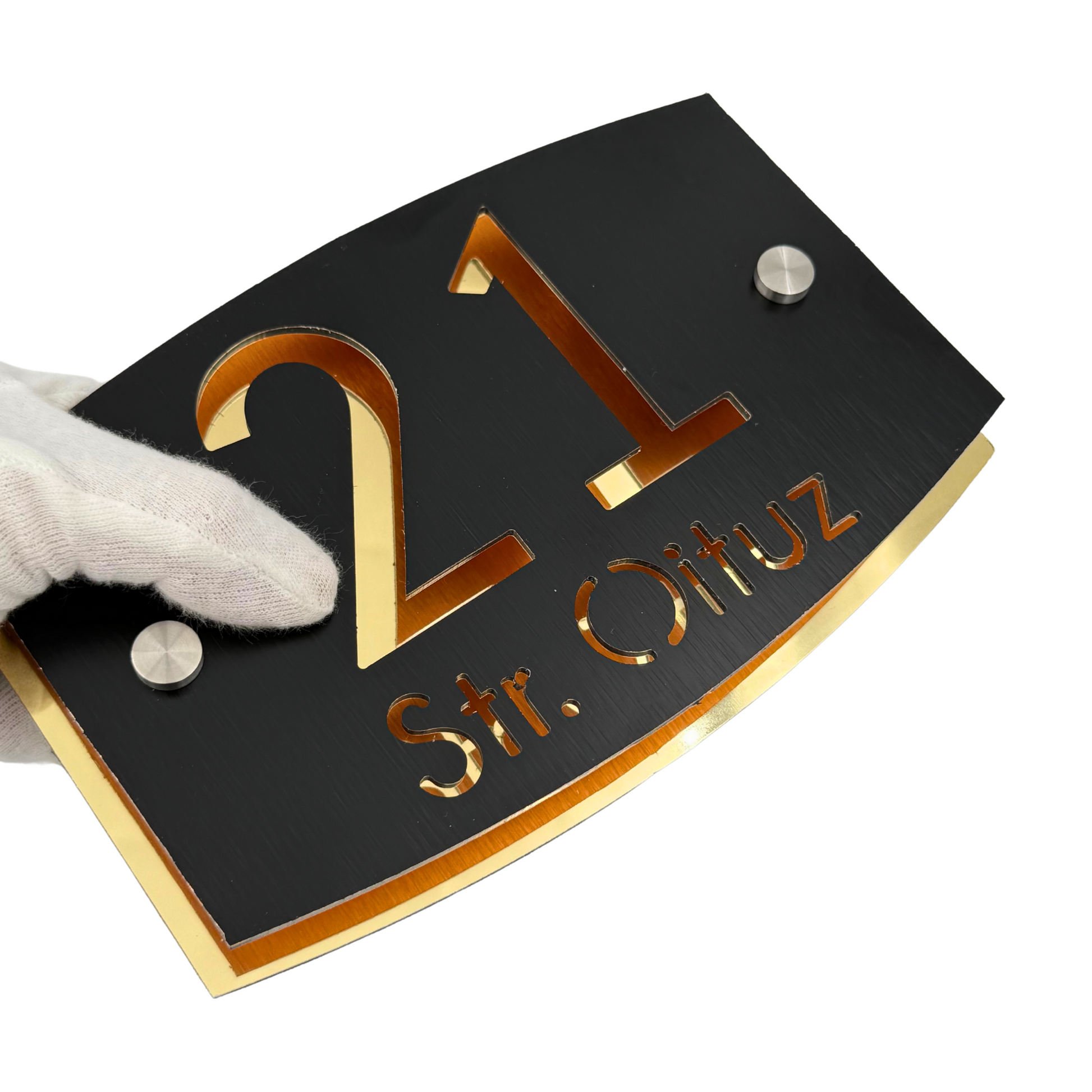 PREMIUM HOUSE NUMBER - Aluminium Pearly Black Aluminium Gold Mirror 2 Spacers Silver - 20×13 cm