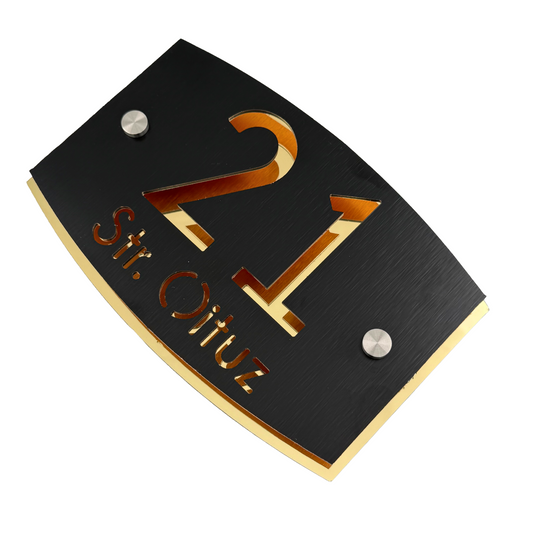 PREMIUM HOUSE NUMBER - Aluminium Pearly Black Aluminium Gold Mirror 2 Spacers Silver - 20×13 cm