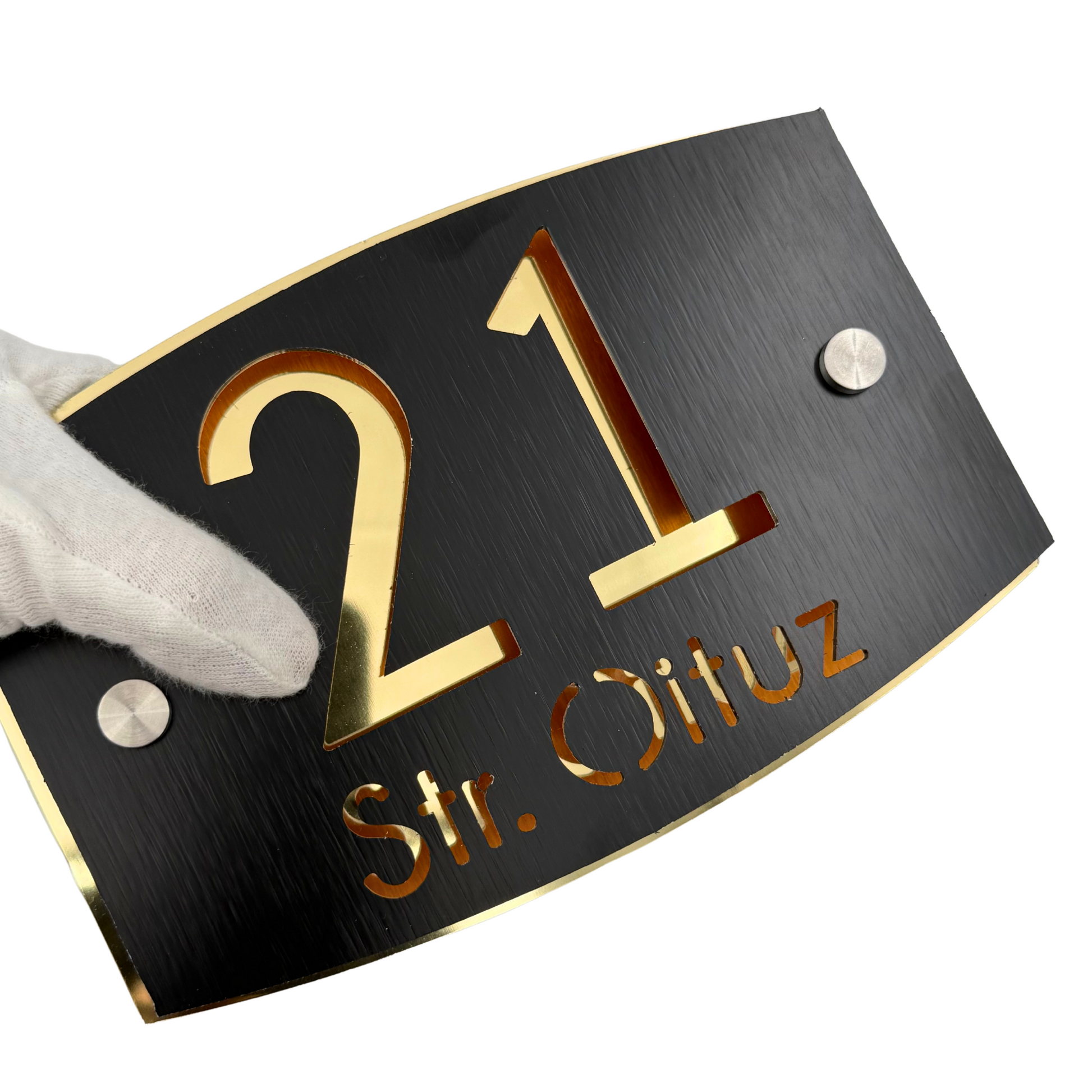 PREMIUM HOUSE NUMBER - Aluminium Pearly Black Aluminium Gold Mirror 2 Spacers Silver - 20×13 cm