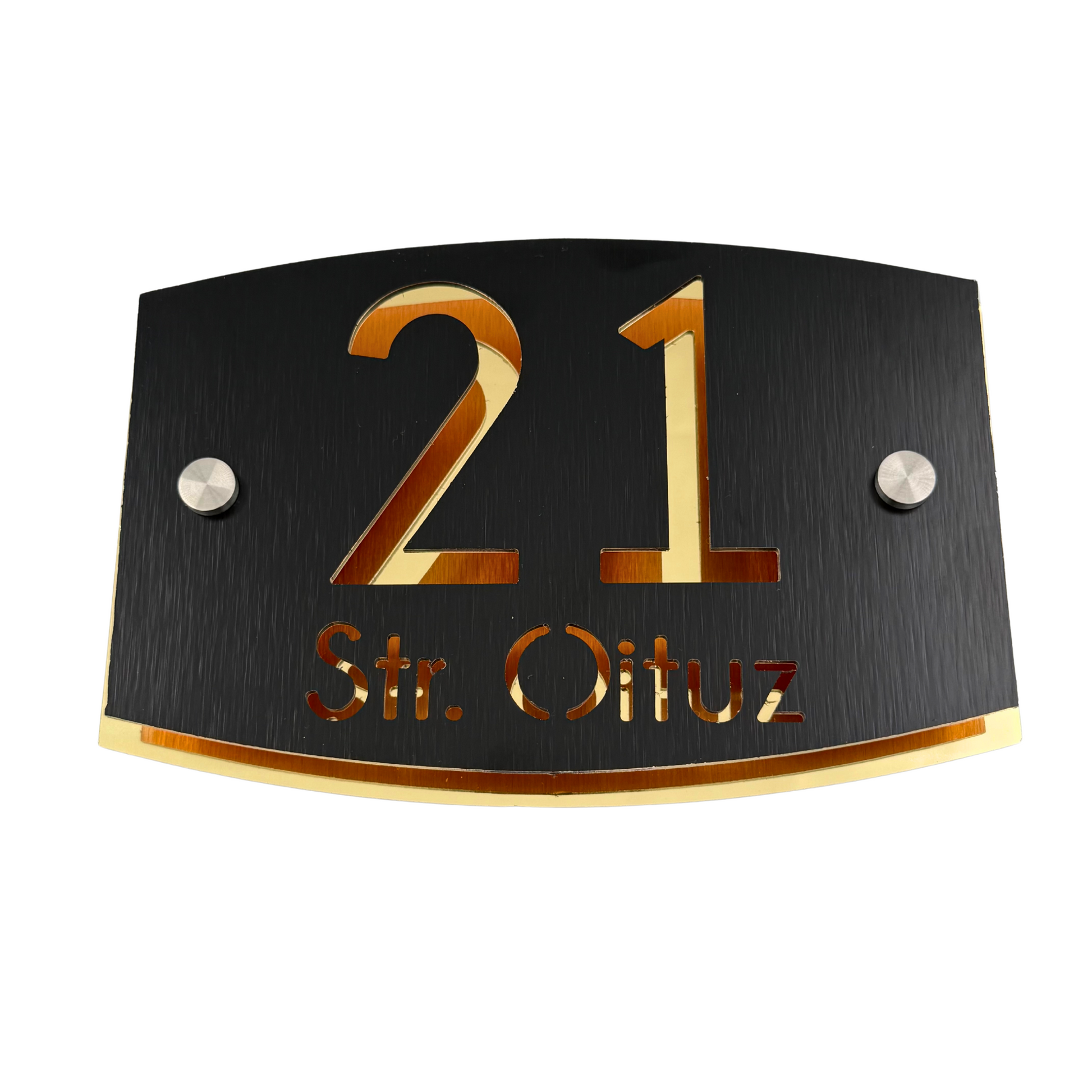 PREMIUM HOUSE NUMBER - Aluminium Pearly Black Aluminium Gold Mirror 2 Spacers Silver - 20×13 cm