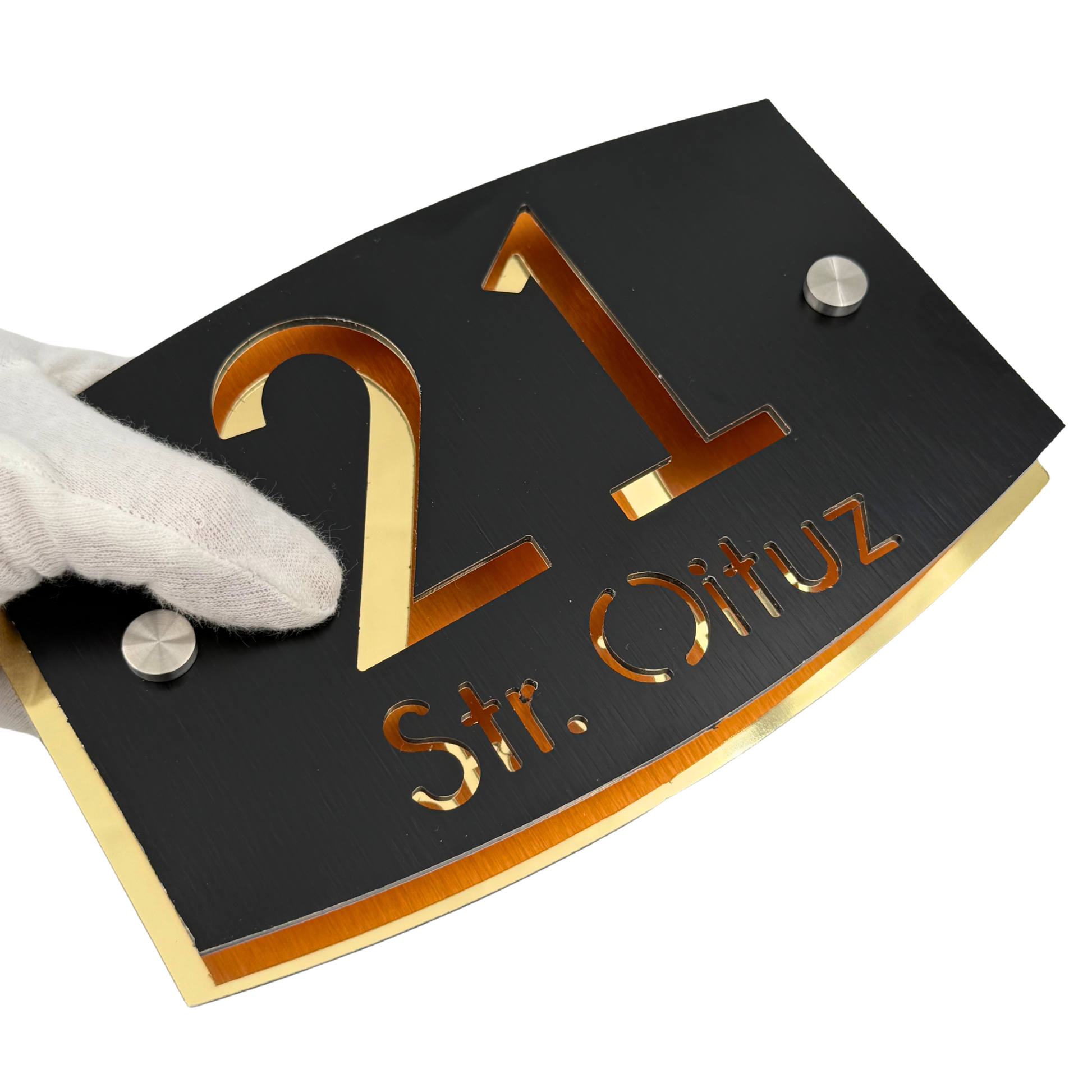 PREMIUM HOUSE NUMBER - Aluminium Pearly Black Aluminium Gold Mirror 2 Spacers Silver - 20×13 cm