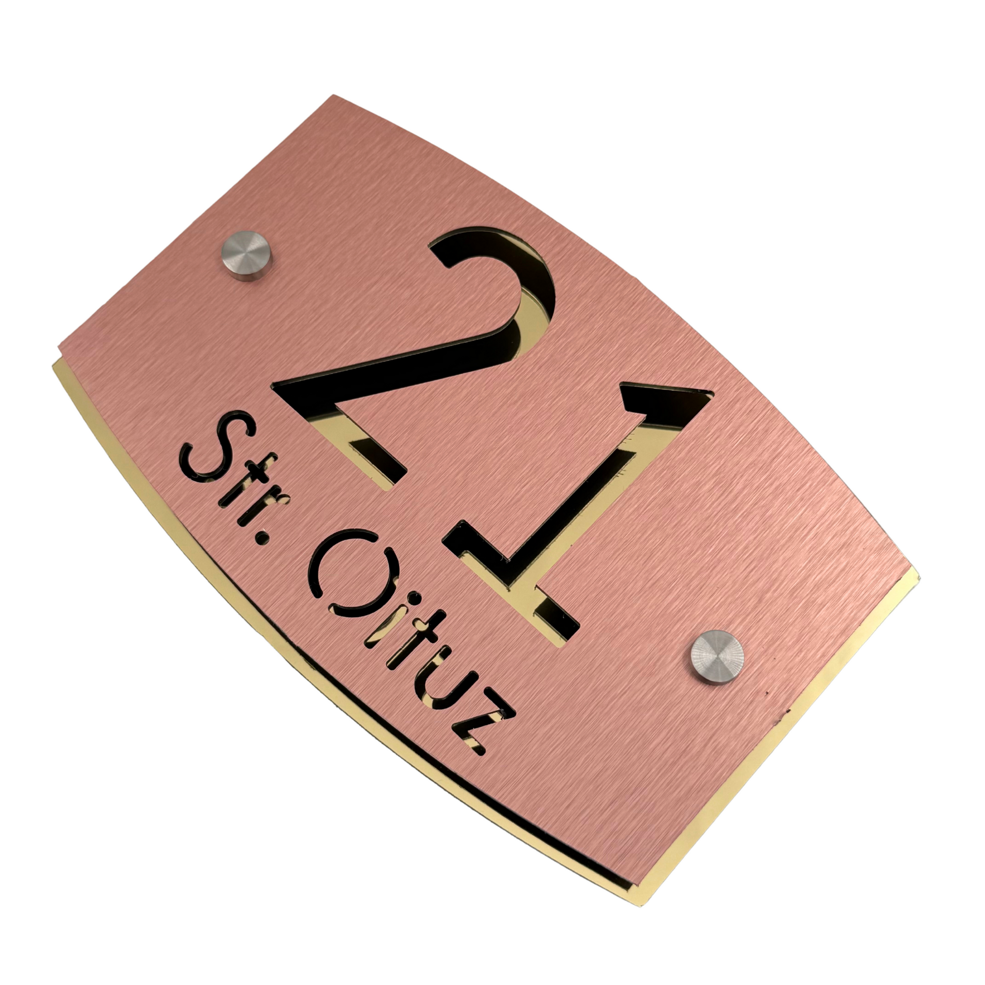 PREMIUM HOUSE NUMBER - Aluminium Pearly Copper Aluminium Gold Mirror 2 Spacers Silver - 20×13 cm