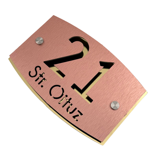 PREMIUM HOUSE NUMBER - Aluminium Pearly Copper Aluminium Gold Mirror 2 Spacers Silver - 20×13 cm