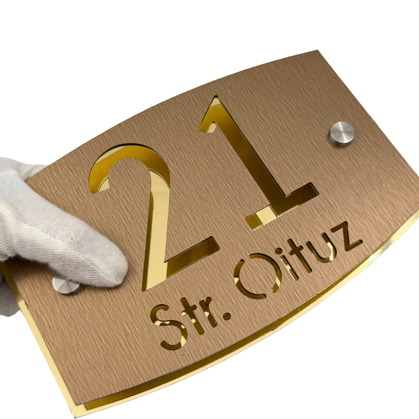 PREMIUM HOUSE NUMBER - Aluminium Pearly Bronze Aluminium Gold Mirror 2 Spacers Silver - 20×13 cm