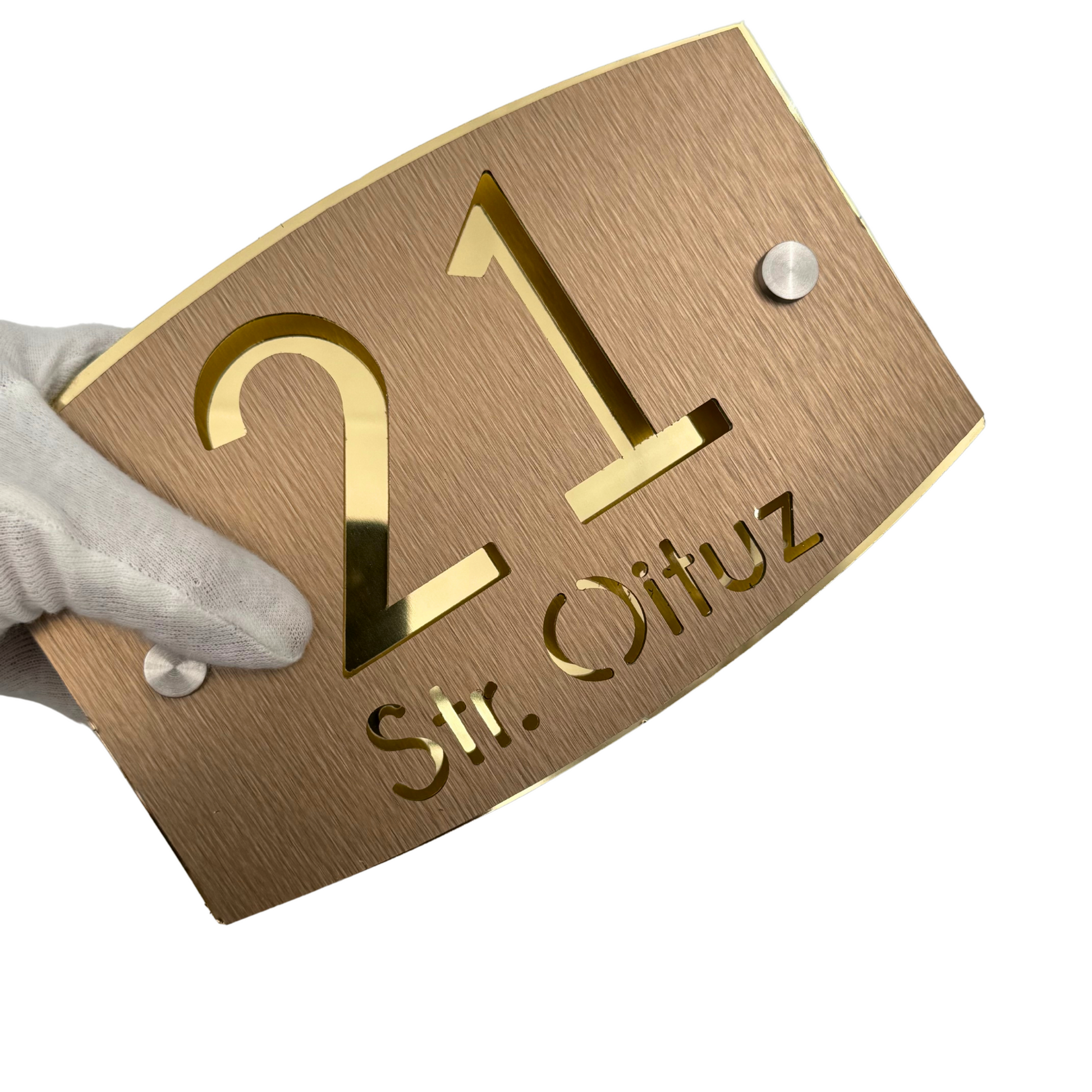 PREMIUM HOUSE NUMBER - Aluminium Pearly Bronze Aluminium Gold Mirror 2 Spacers Silver - 20×13 cm